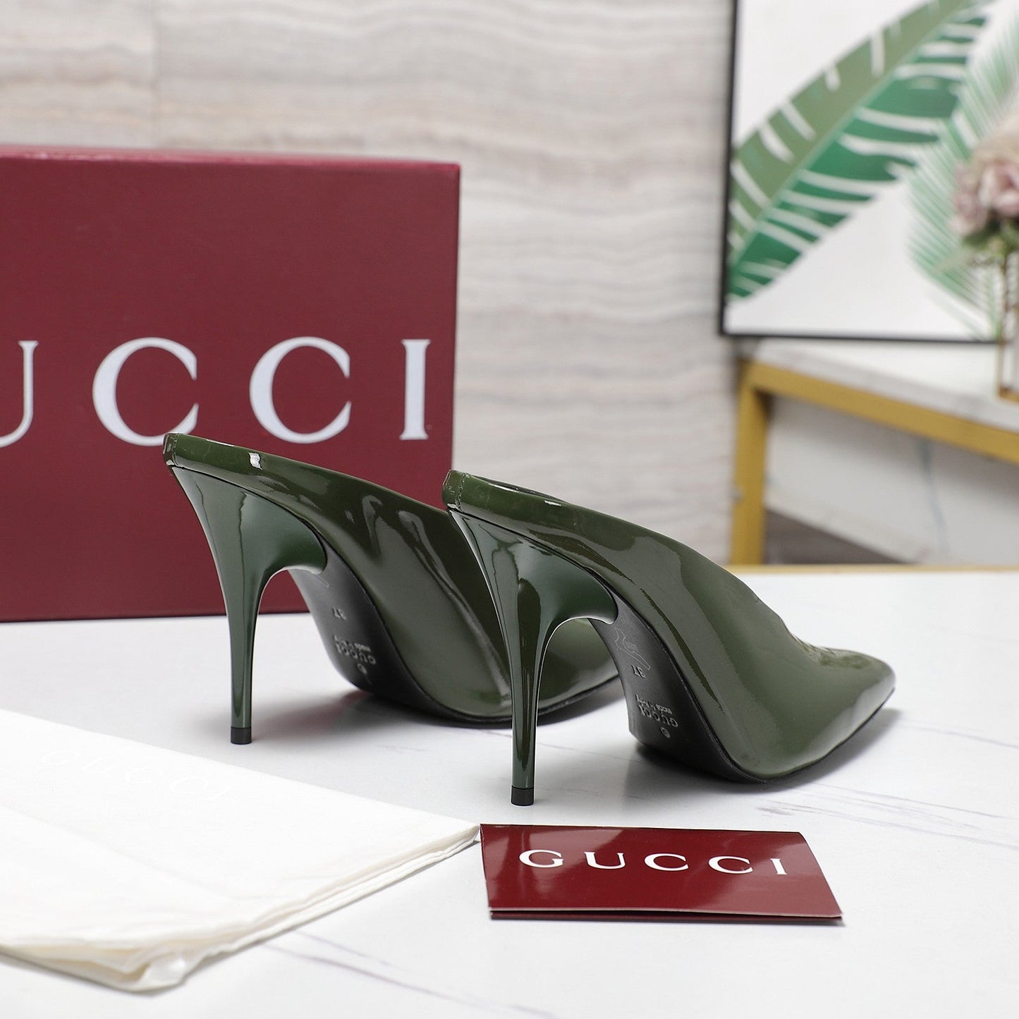 GG HEELED MULES 105 IN ARMY GREEN CALFSKIN - 35