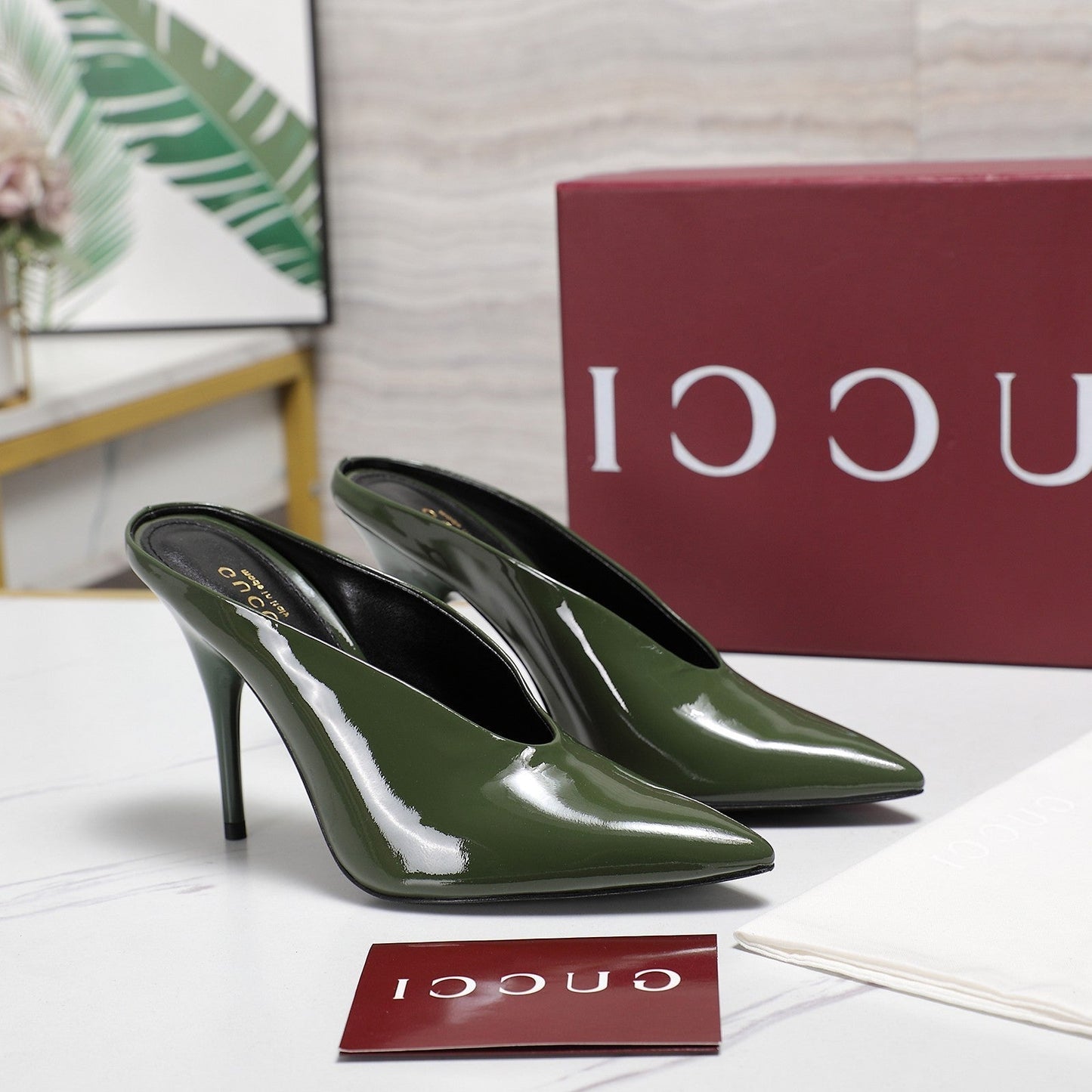 GG HEELED MULES 105 IN ARMY GREEN CALFSKIN - 35