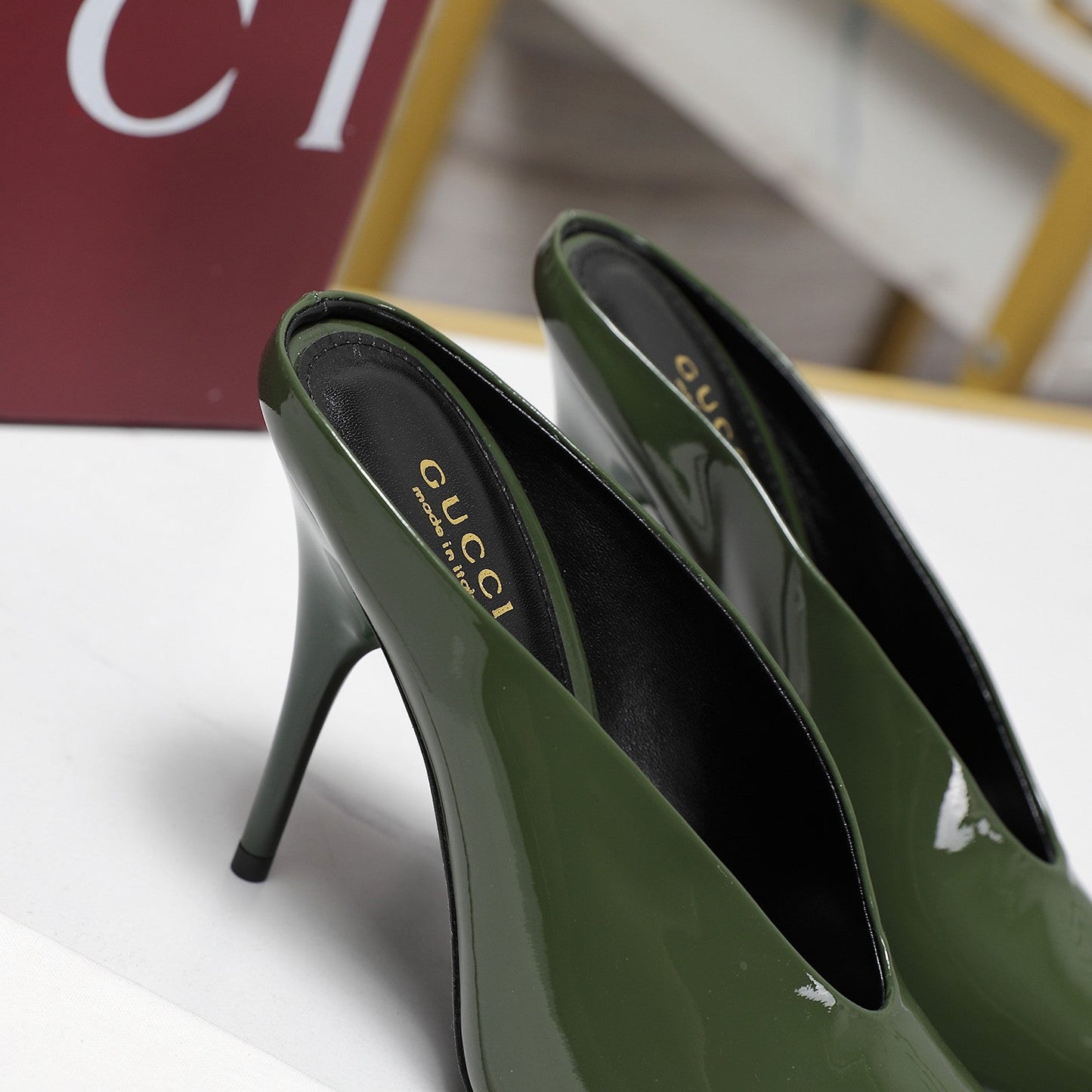 GG HEELED MULES 105 IN ARMY GREEN CALFSKIN - 35