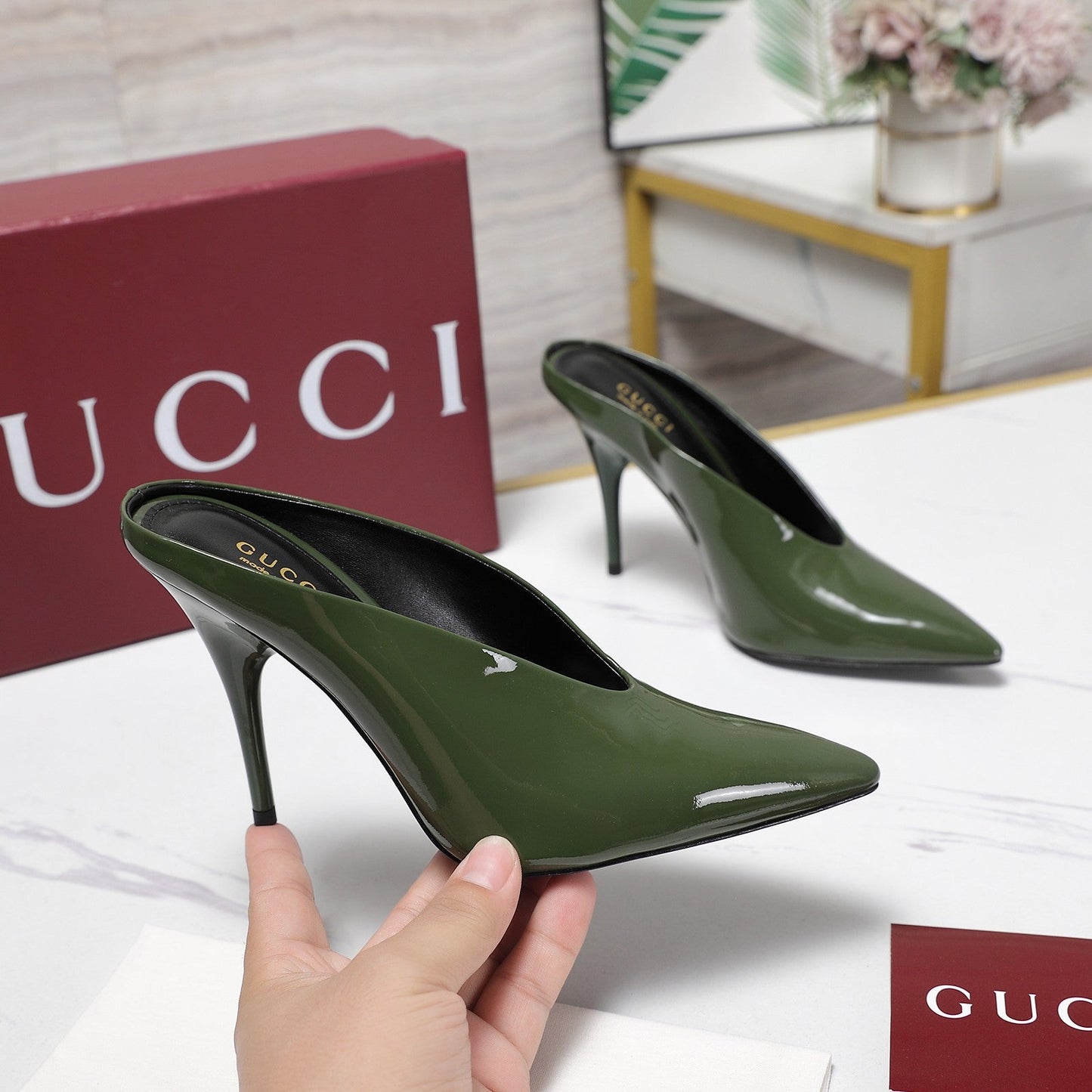 GG HEELED MULES 105 IN ARMY GREEN CALFSKIN - 35