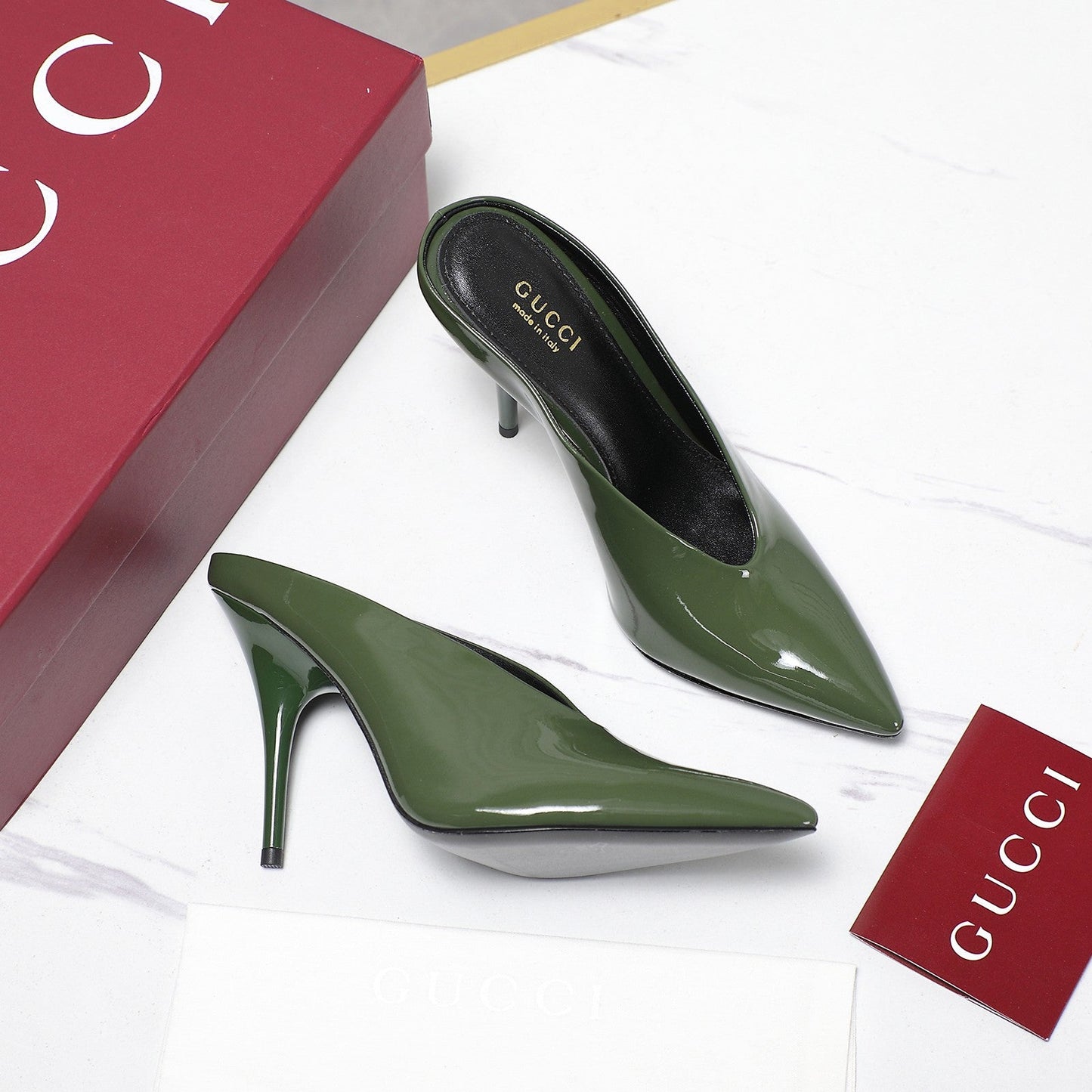 GG HEELED MULES 105 IN ARMY GREEN CALFSKIN - 35