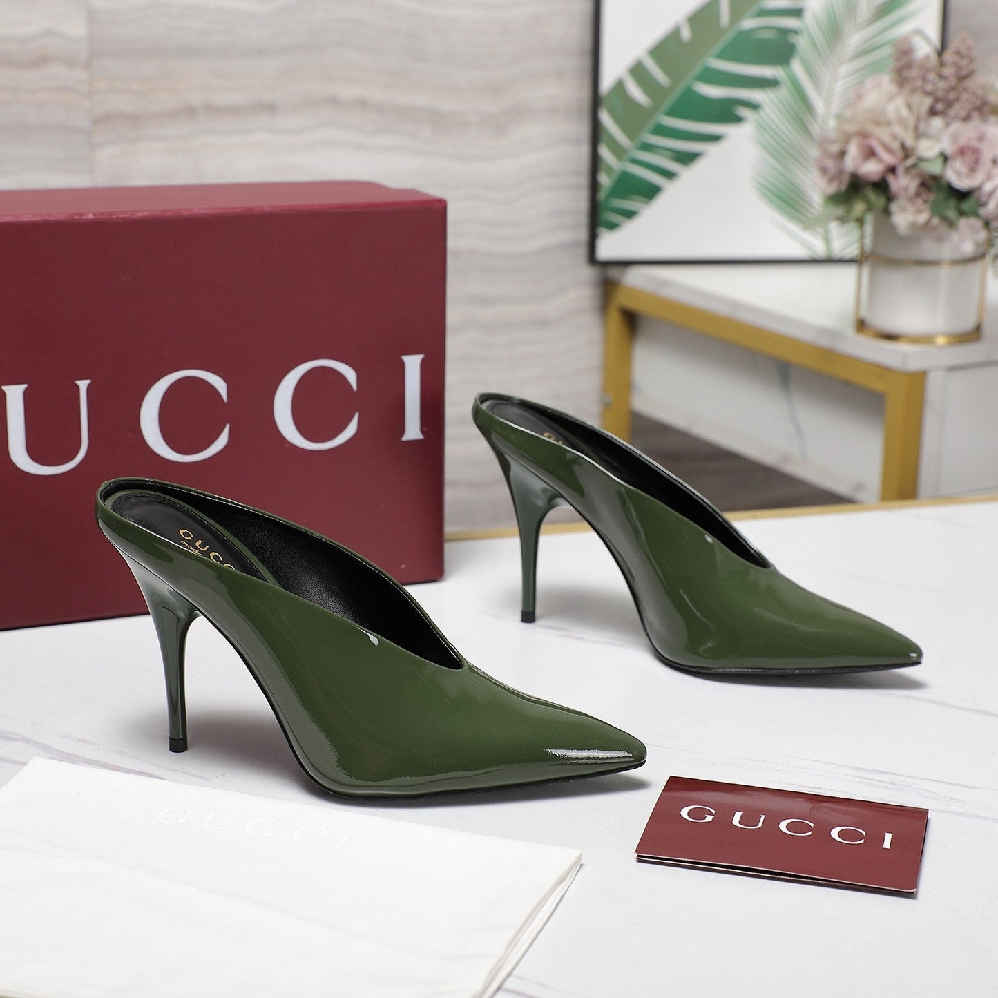 GG HEELED MULES 105 IN ARMY GREEN CALFSKIN - 35