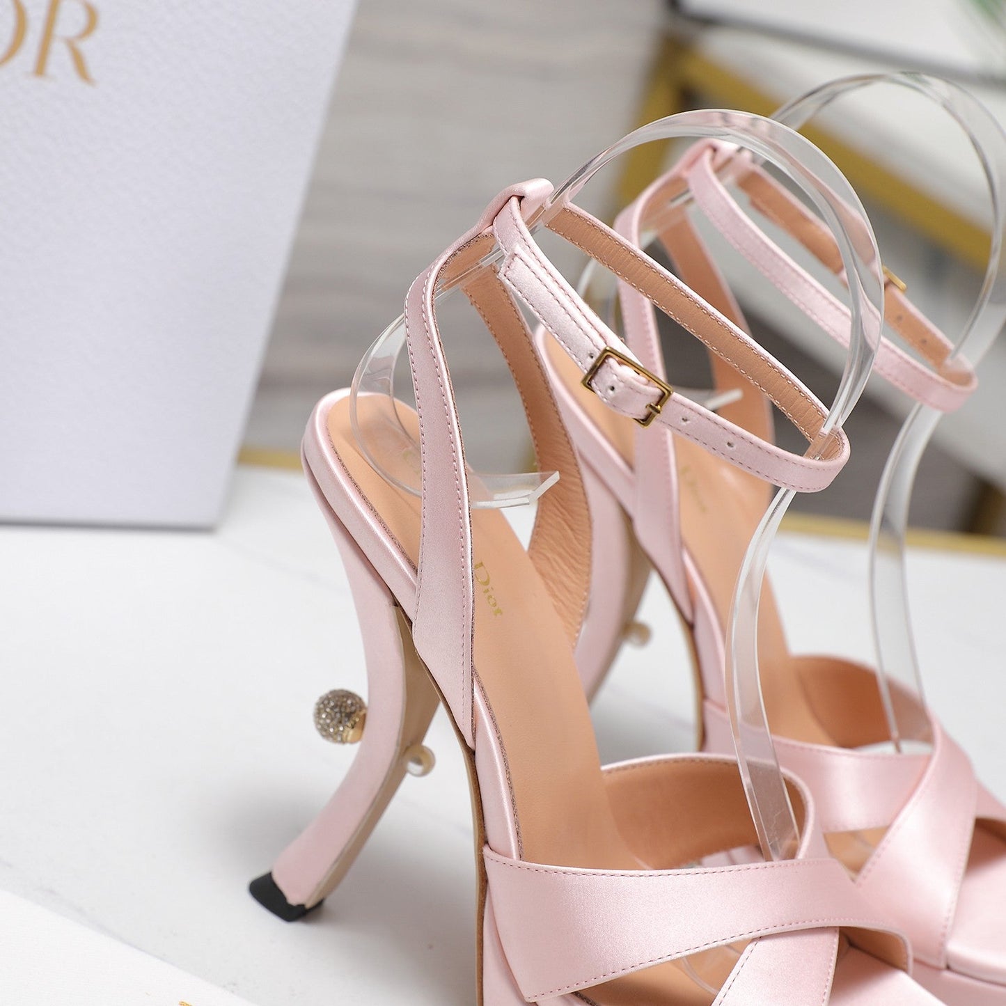 DIOR PEARL-EMBELLISHED HIGH HEEL SANDALS 25S 115 MM IN LIGHT PINK SATIN - 34