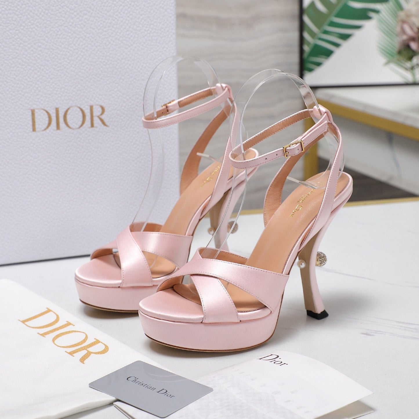 DIOR PEARL-EMBELLISHED HIGH HEEL SANDALS 25S 115 MM IN LIGHT PINK SATIN - 34