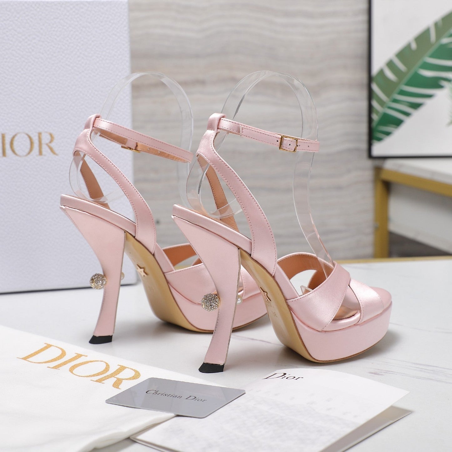 DIOR PEARL-EMBELLISHED HIGH HEEL SANDALS 25S 115 MM IN LIGHT PINK SATIN - 34