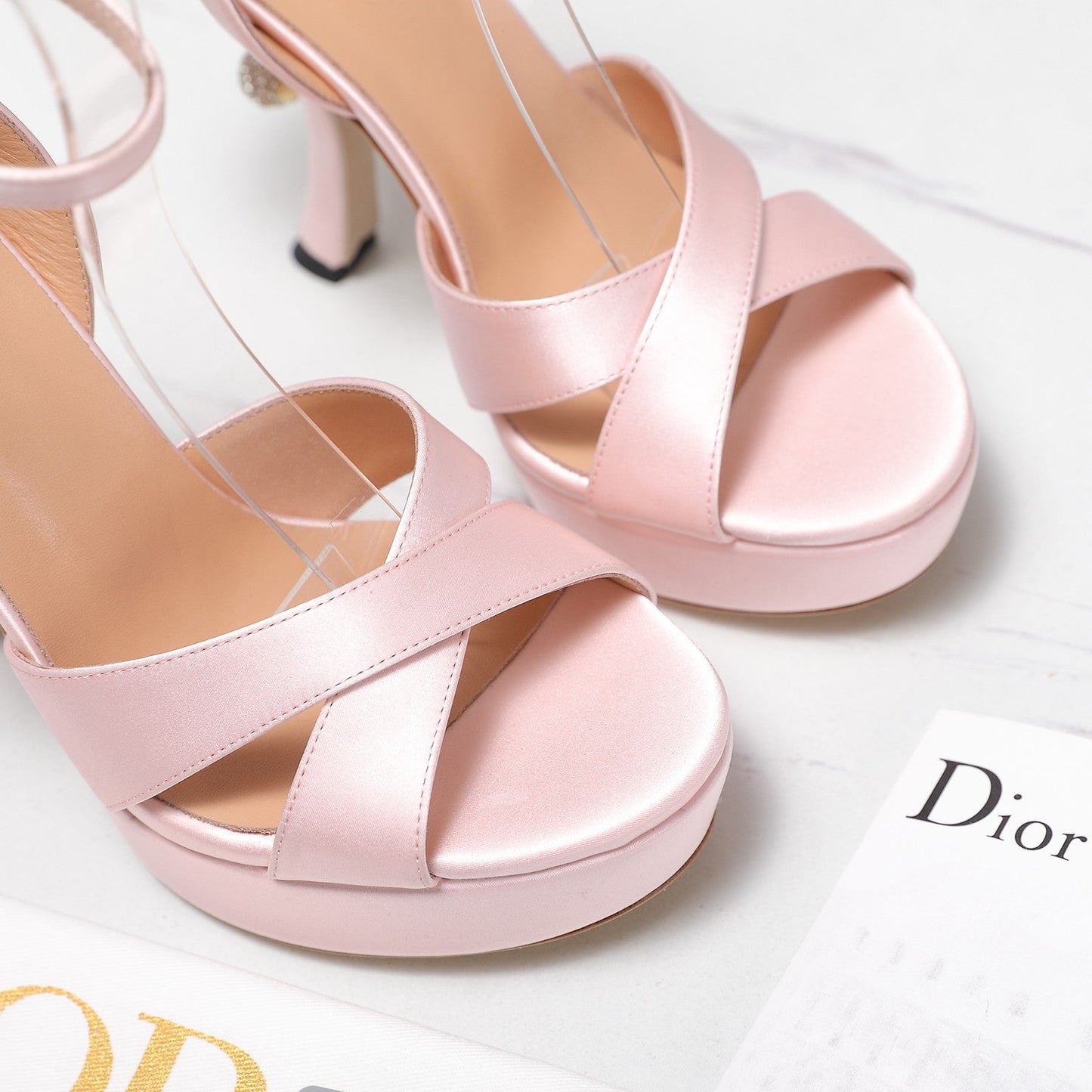 DIOR PEARL-EMBELLISHED HIGH HEEL SANDALS 25S 115 MM IN LIGHT PINK SATIN - 34