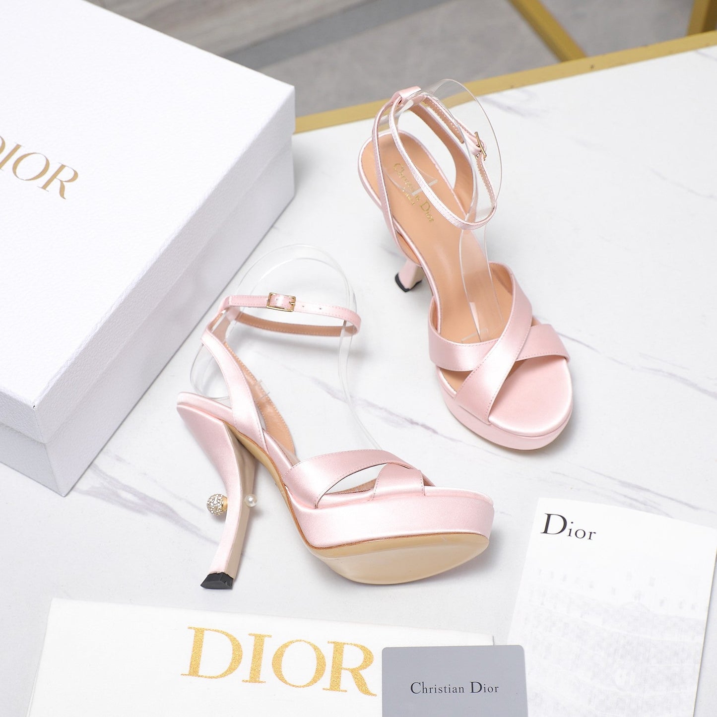 DIOR PEARL-EMBELLISHED HIGH HEEL SANDALS 25S 115 MM IN LIGHT PINK SATIN - 34