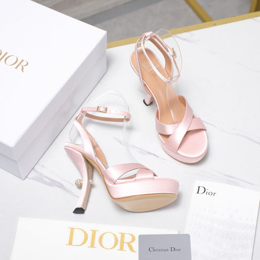 DIOR PEARL-EMBELLISHED HIGH HEEL SANDALS 25S 115 MM IN LIGHT PINK SATIN - 34