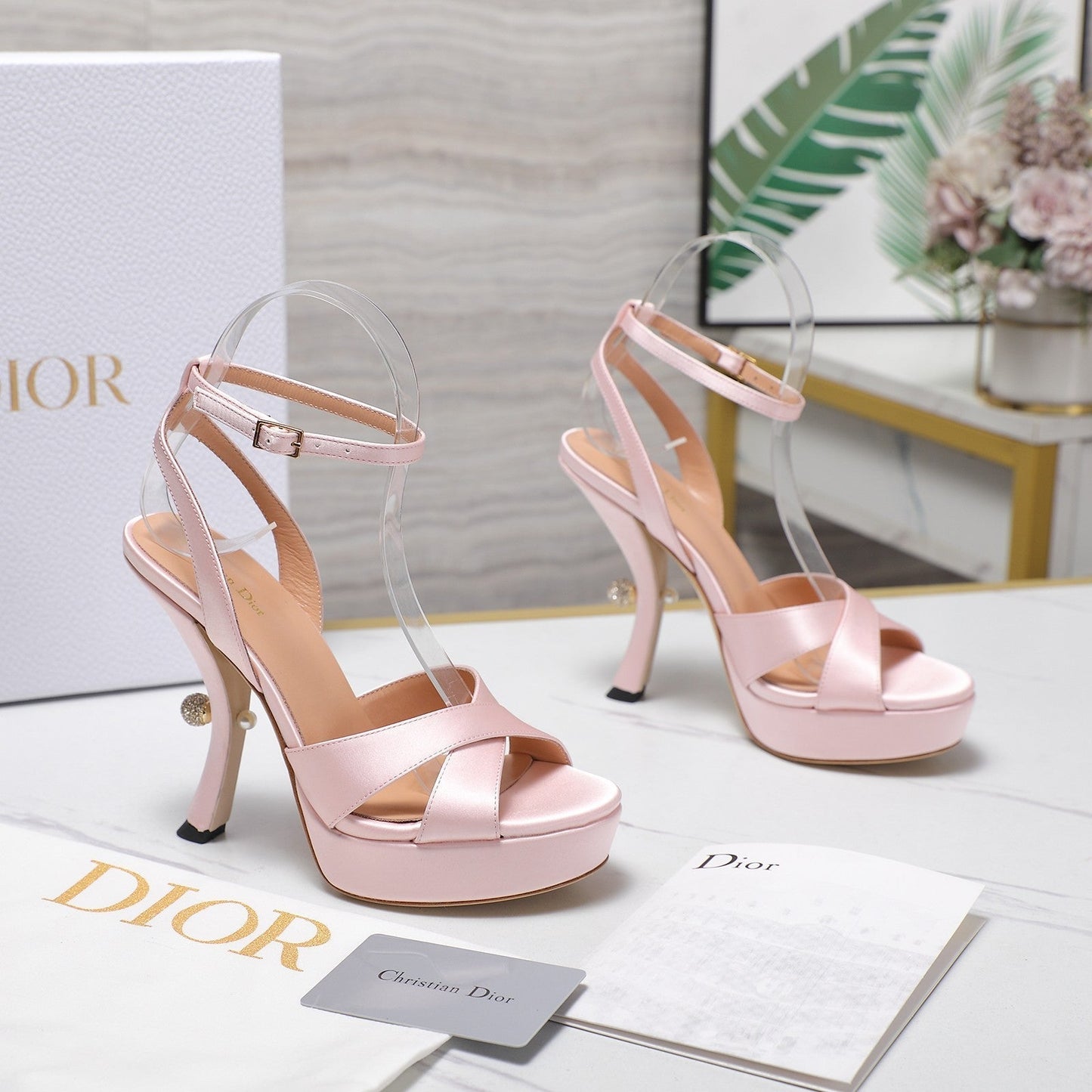 DIOR PEARL-EMBELLISHED HIGH HEEL SANDALS 25S 115 MM IN LIGHT PINK SATIN - 34