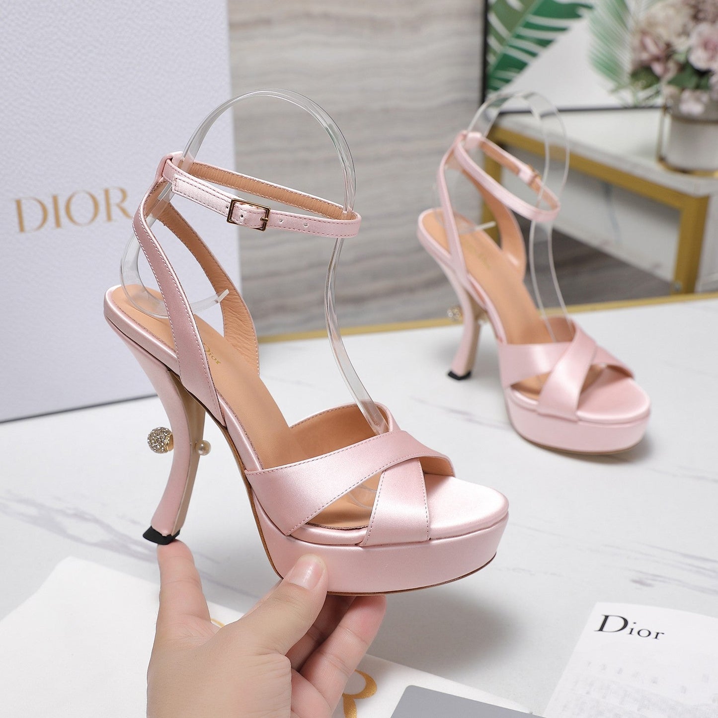 DIOR PEARL-EMBELLISHED HIGH HEEL SANDALS 25S 115 MM IN LIGHT PINK SATIN - 34