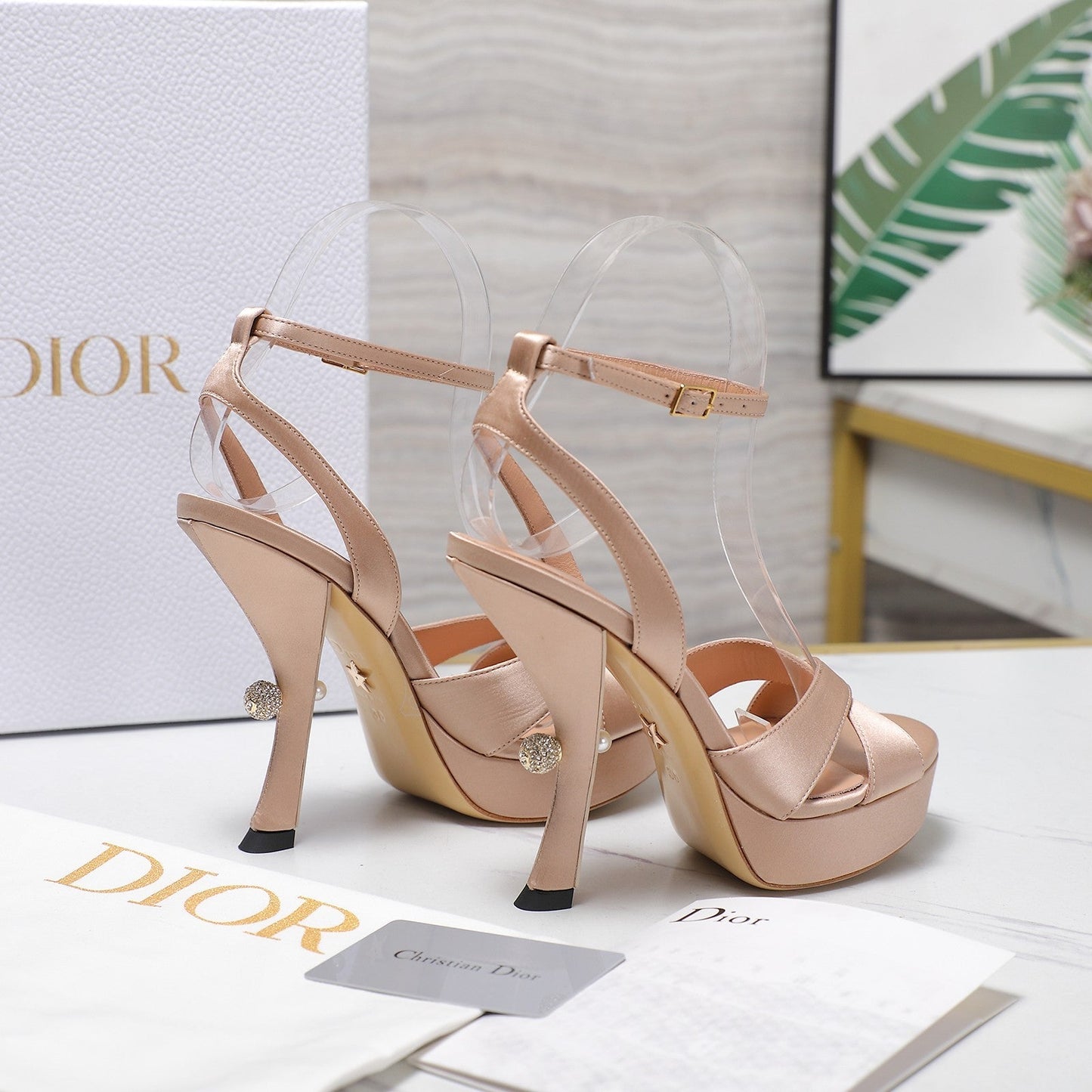 DIOR PEARL-EMBELLISHED HIGH HEEL SANDALS 25S 115 MM IN BEIGE SATIN - 34