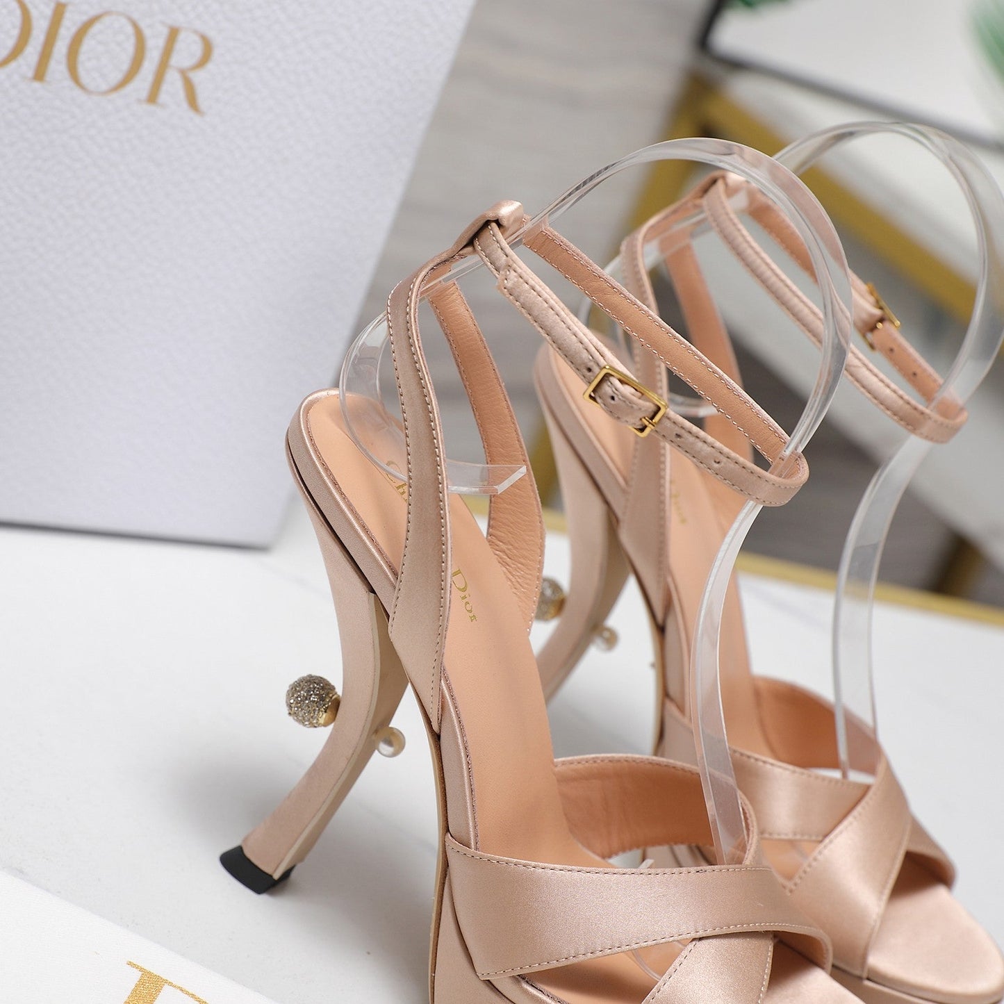 DIOR PEARL-EMBELLISHED HIGH HEEL SANDALS 25S 115 MM IN BEIGE SATIN - 34