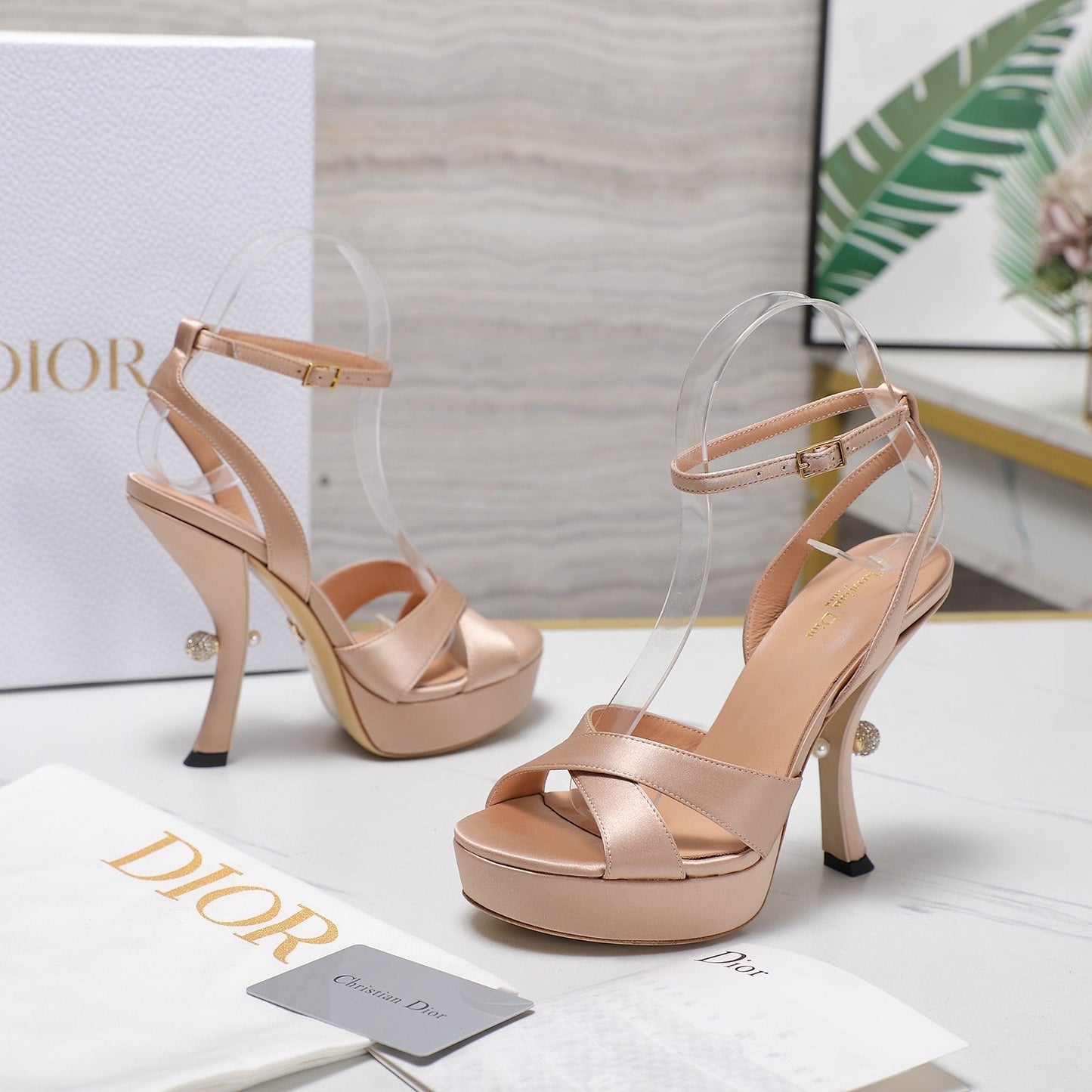 DIOR PEARL-EMBELLISHED HIGH HEEL SANDALS 25S 115 MM IN BEIGE SATIN - 34
