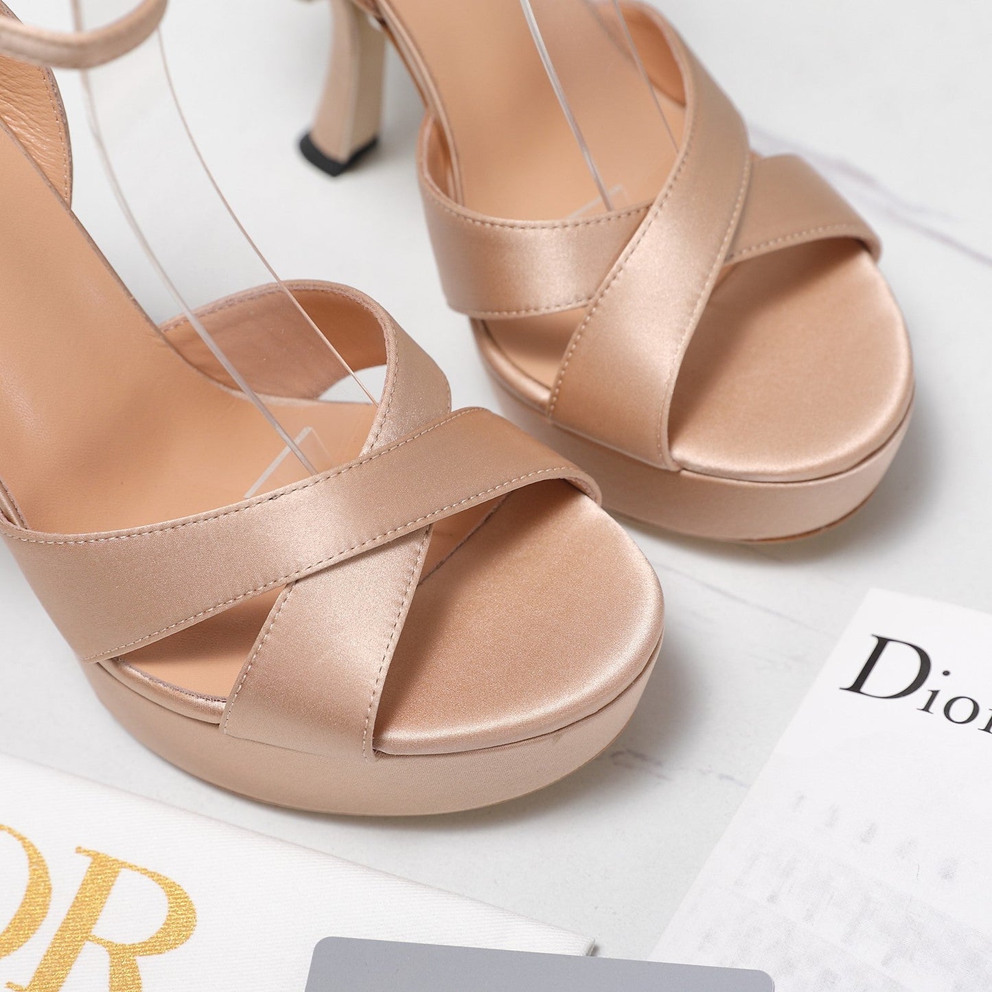 DIOR PEARL-EMBELLISHED HIGH HEEL SANDALS 25S 115 MM IN BEIGE SATIN - 34
