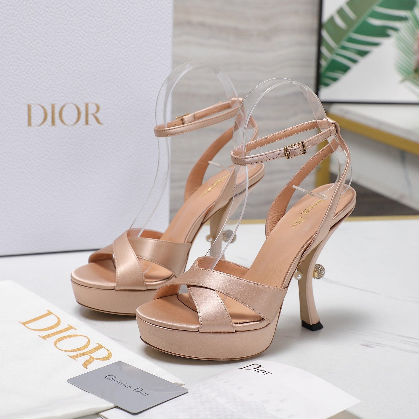 DIOR PEARL-EMBELLISHED HIGH HEEL SANDALS 25S 115 MM IN BEIGE SATIN - 34