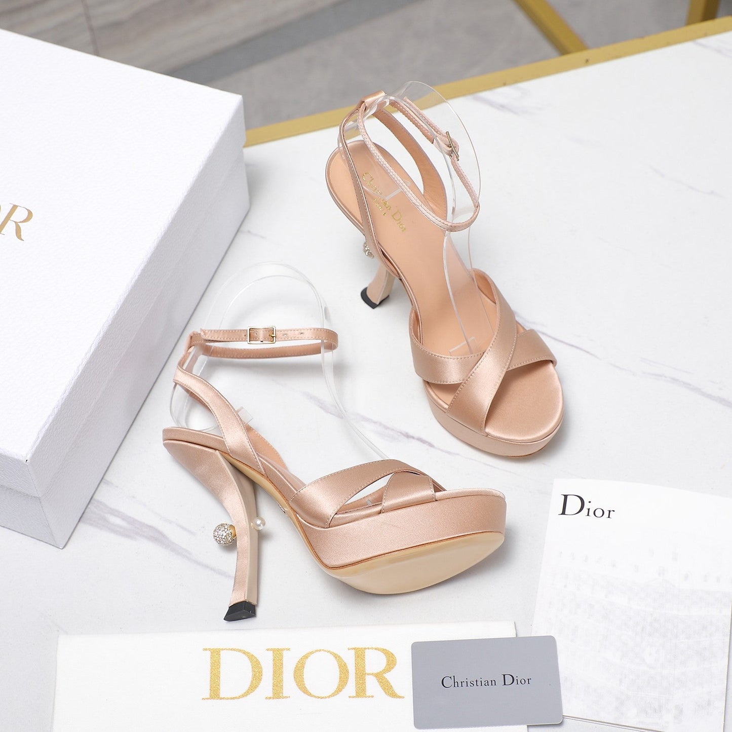 DIOR PEARL-EMBELLISHED HIGH HEEL SANDALS 25S 115 MM IN BEIGE SATIN - 34