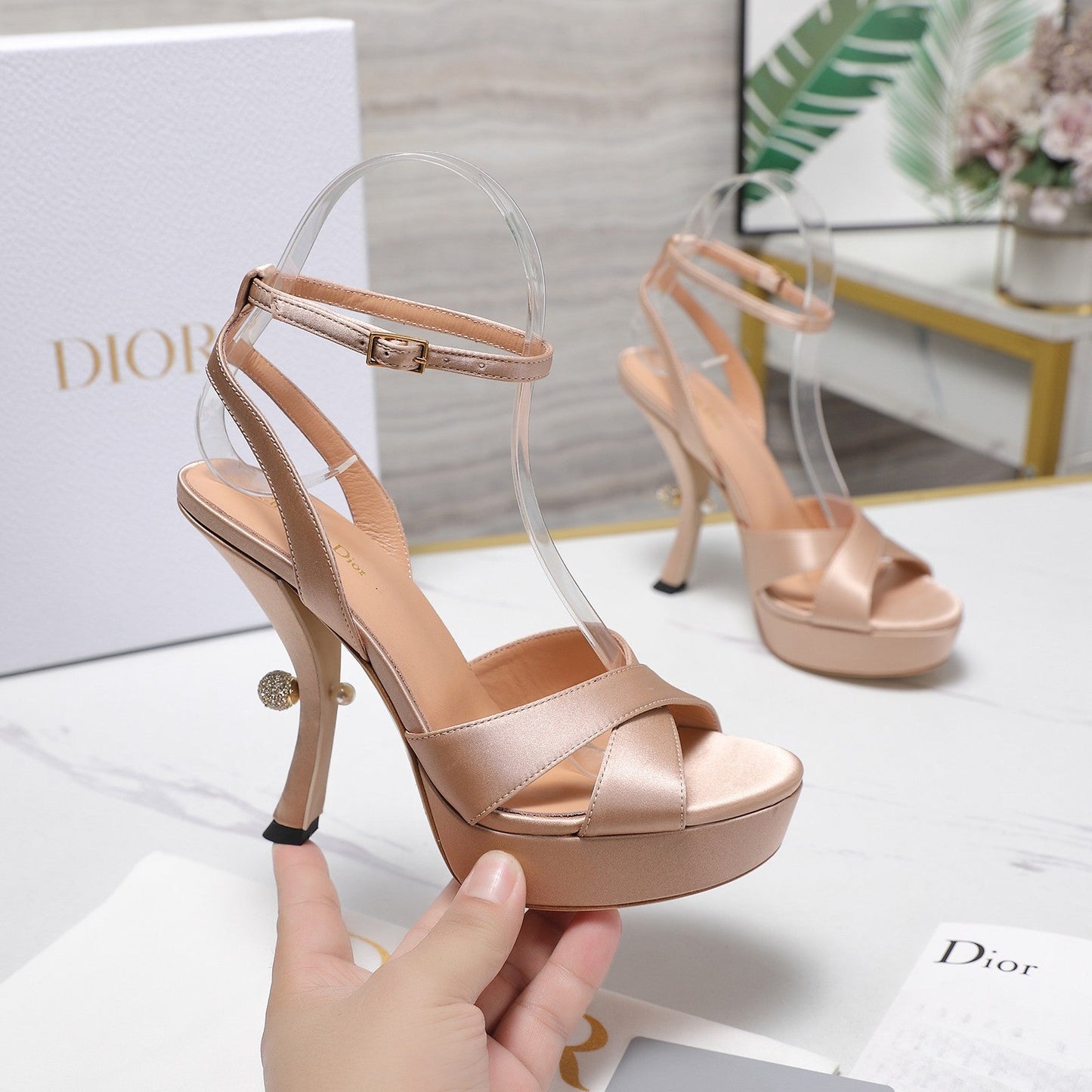 DIOR PEARL-EMBELLISHED HIGH HEEL SANDALS 25S 115 MM IN BEIGE SATIN - 34
