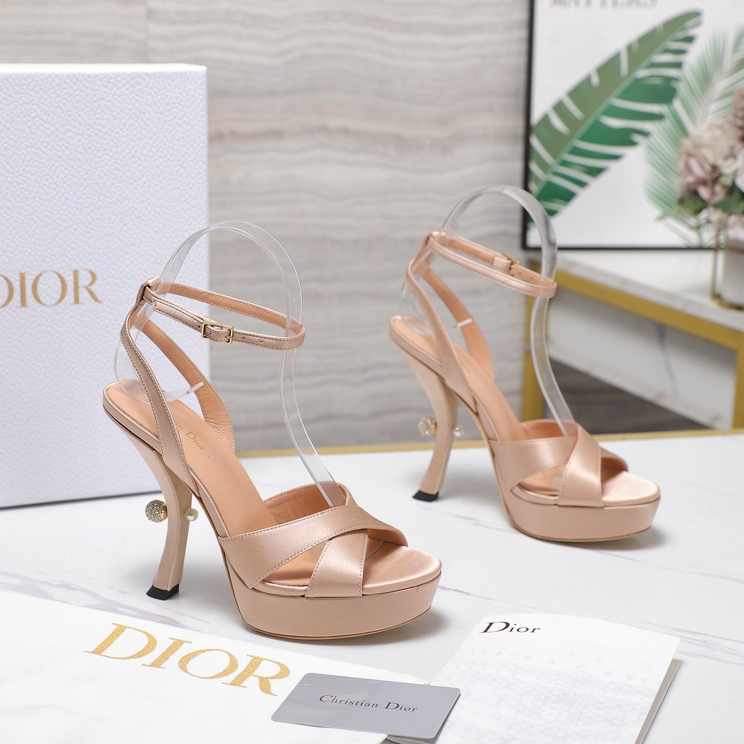 DIOR PEARL-EMBELLISHED HIGH HEEL SANDALS 25S 115 MM IN BEIGE SATIN - 34