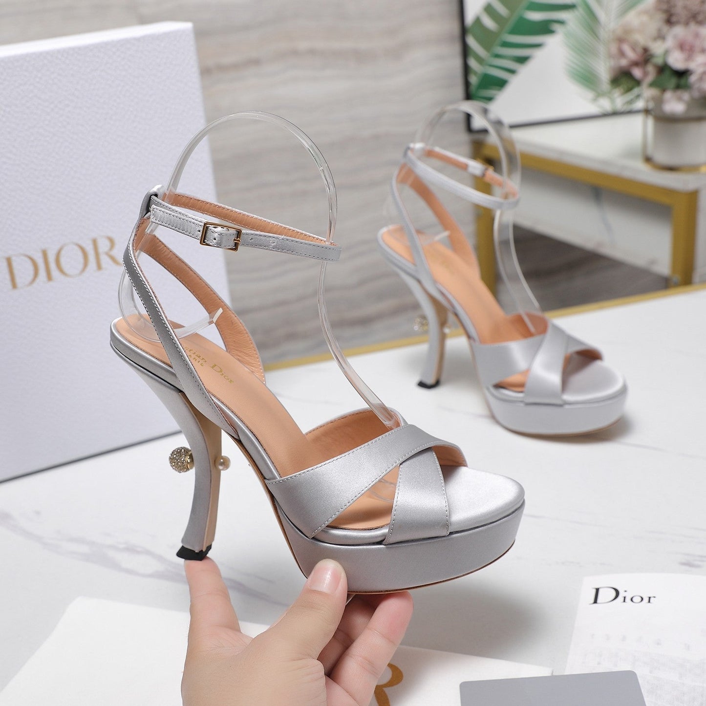 DIOR PEARL-EMBELLISHED HIGH HEEL SANDALS 25S 115 MM IN SILVER SATIN - 34