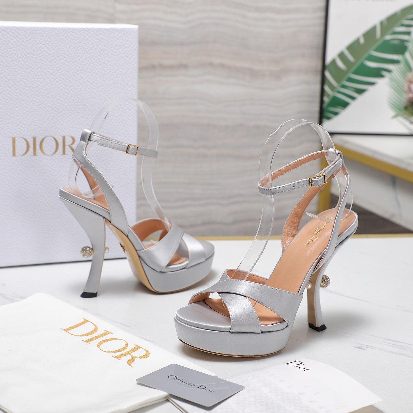 DIOR PEARL-EMBELLISHED HIGH HEEL SANDALS 25S 115 MM IN SILVER SATIN - 34