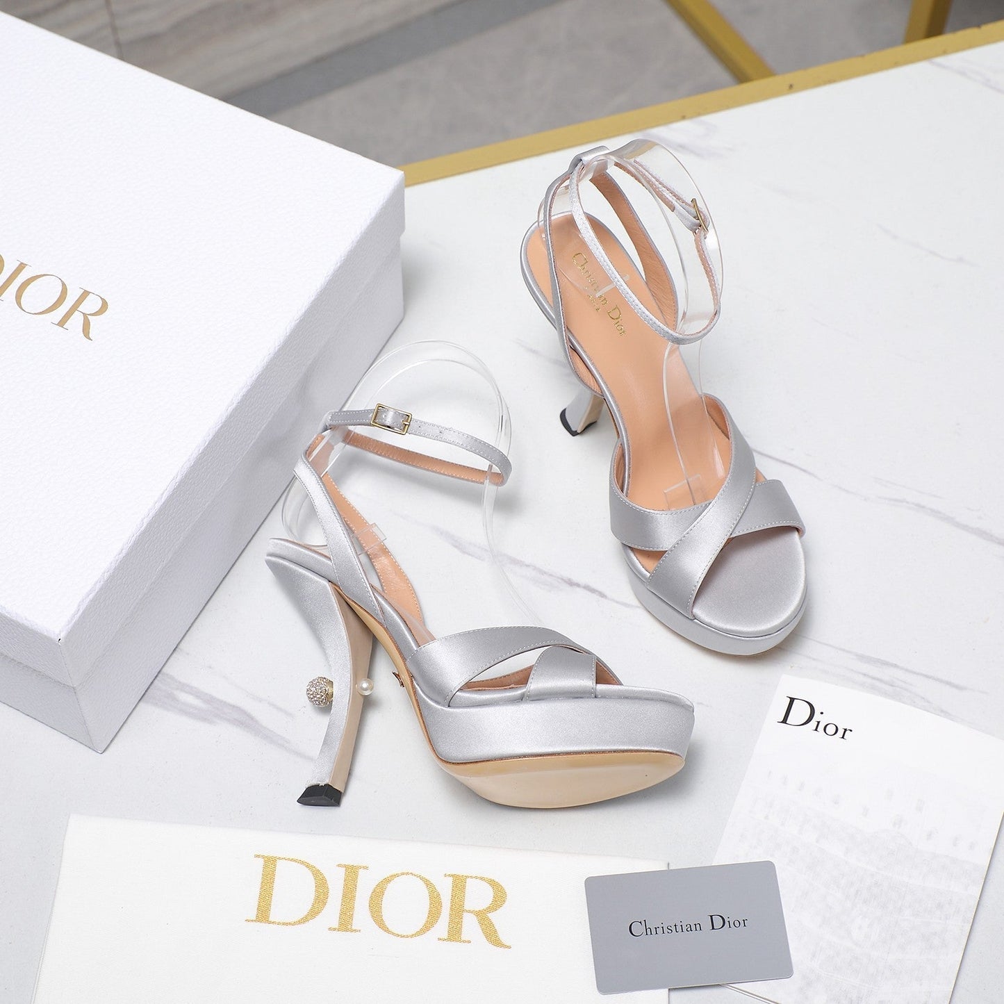 DIOR PEARL-EMBELLISHED HIGH HEEL SANDALS 25S 115 MM IN SILVER SATIN - 34