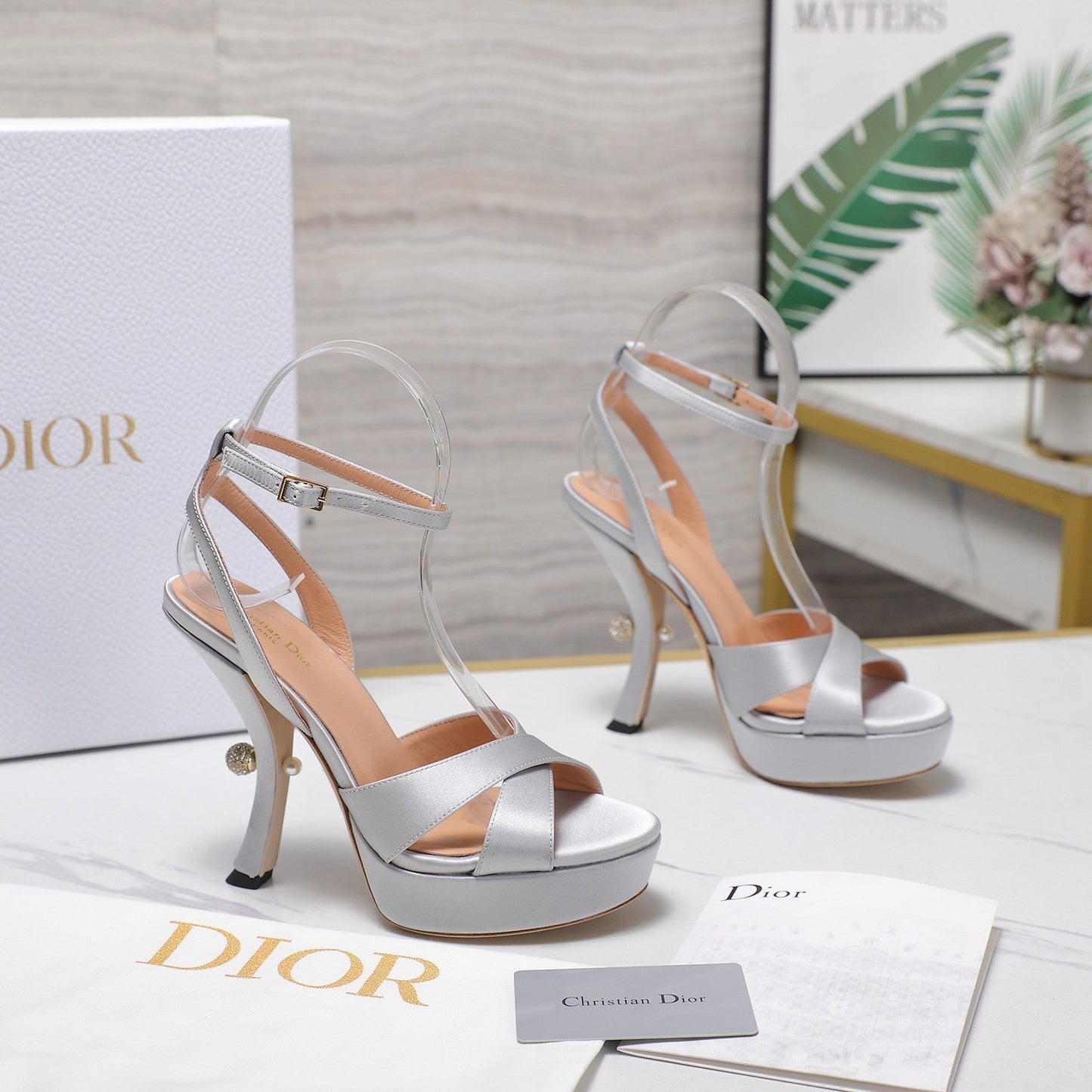 DIOR PEARL-EMBELLISHED HIGH HEEL SANDALS 25S 115 MM IN SILVER SATIN - 34