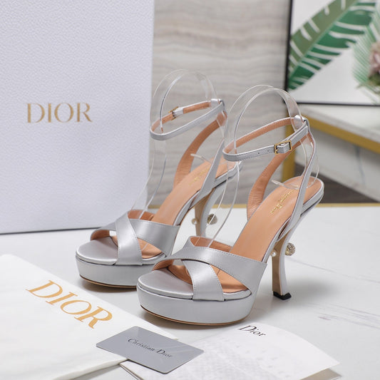 DIOR PEARL-EMBELLISHED HIGH HEEL SANDALS 25S 115 MM IN SILVER SATIN - 34