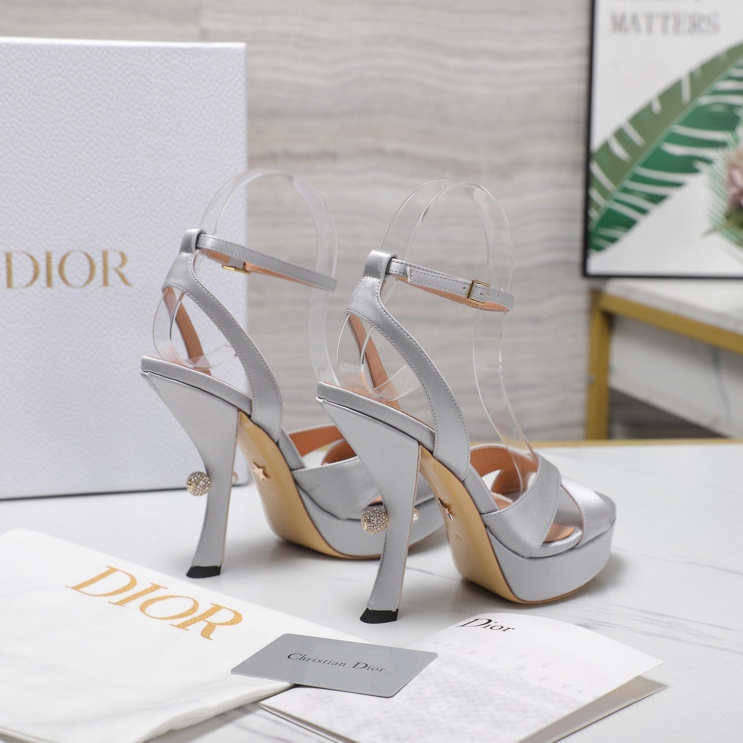 DIOR PEARL-EMBELLISHED HIGH HEEL SANDALS 25S 115 MM IN SILVER SATIN - 34