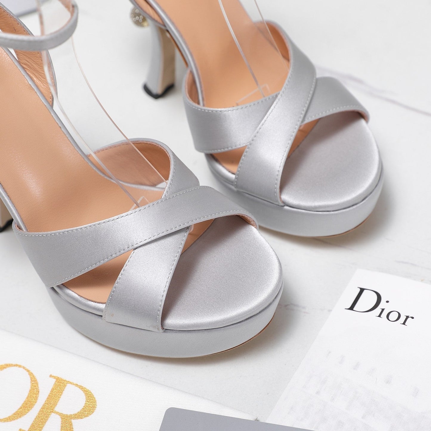 DIOR PEARL-EMBELLISHED HIGH HEEL SANDALS 25S 115 MM IN SILVER SATIN - 34