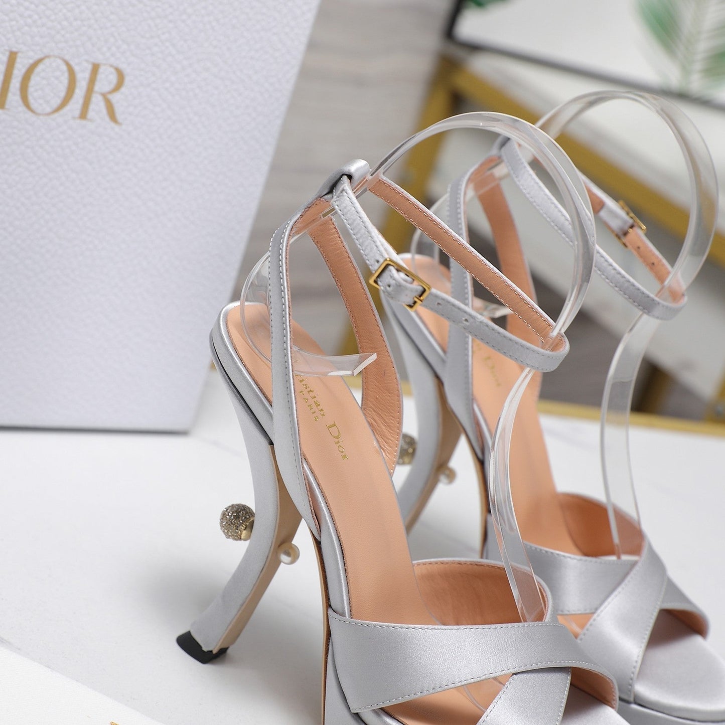 DIOR PEARL-EMBELLISHED HIGH HEEL SANDALS 25S 115 MM IN SILVER SATIN - 34