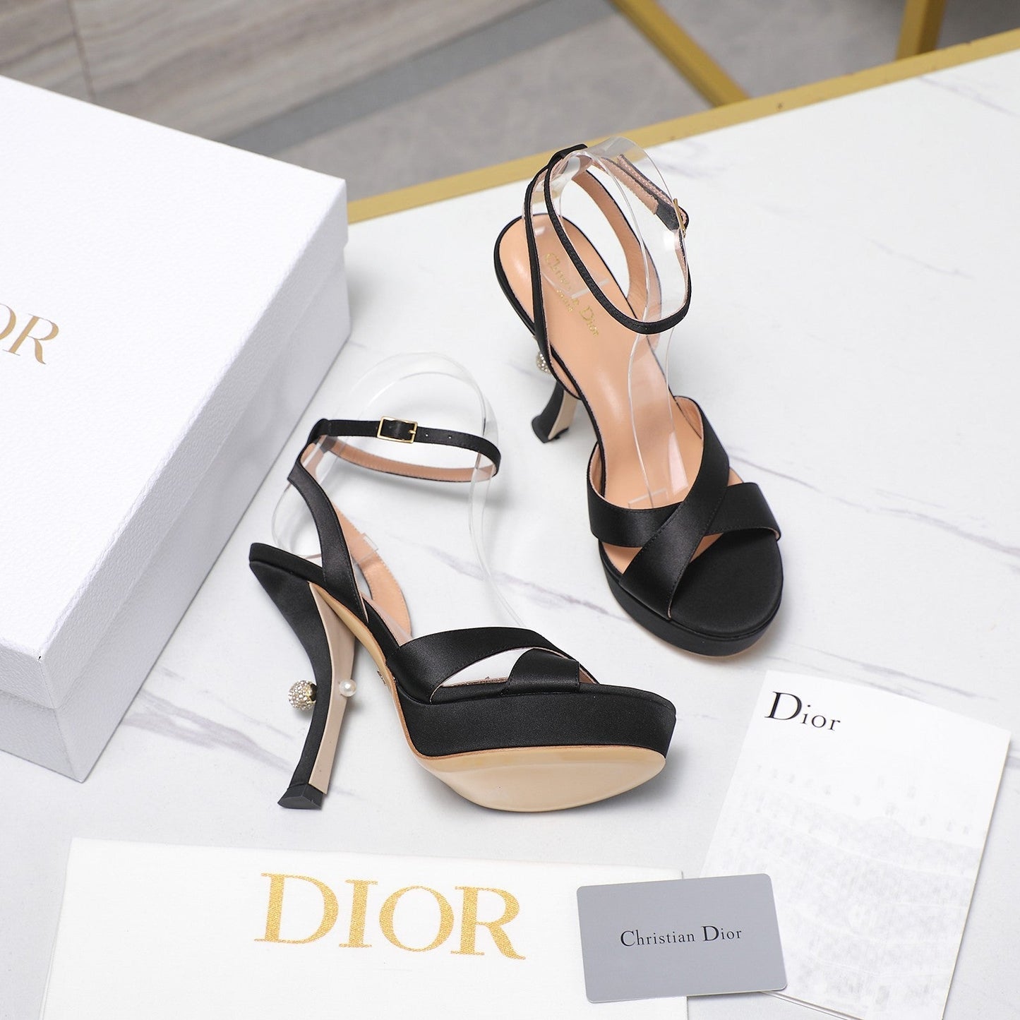 DIOR PEARL-EMBELLISHED HIGH HEEL SANDALS 25S 115 MM IN BLACK SATIN - 34