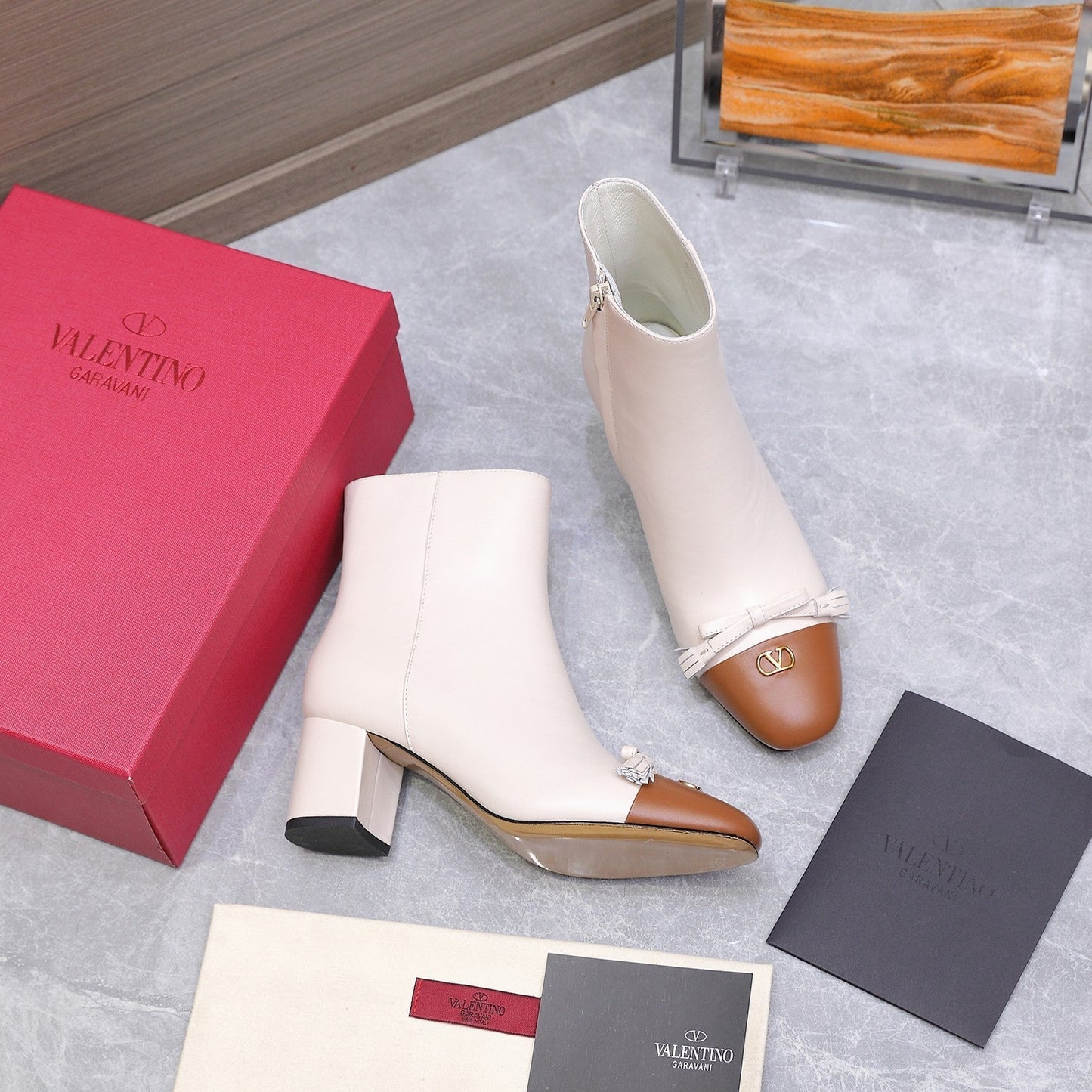 VALENTINO 25S VALET DU ROI ANKLE BOOTS 60 MM IN CREAM WHITE MIX BROWN CALFSKIN WITH BOW - 35