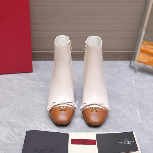 VALENTINO 25S VALET DU ROI ANKLE BOOTS 60 MM IN CREAM WHITE MIX BROWN CALFSKIN WITH BOW - 35