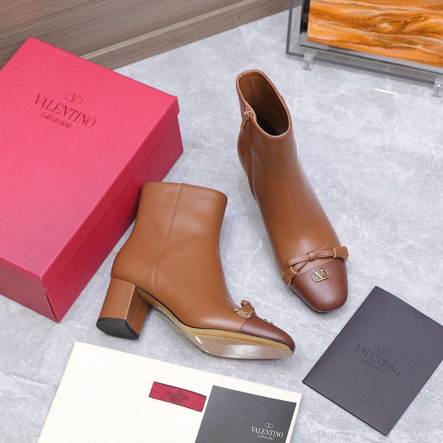 VALENTINO 25S VALET DU ROI ANKLE BOOTS 60 MM IN BROWN CALFSKIN WITH BOW - 35