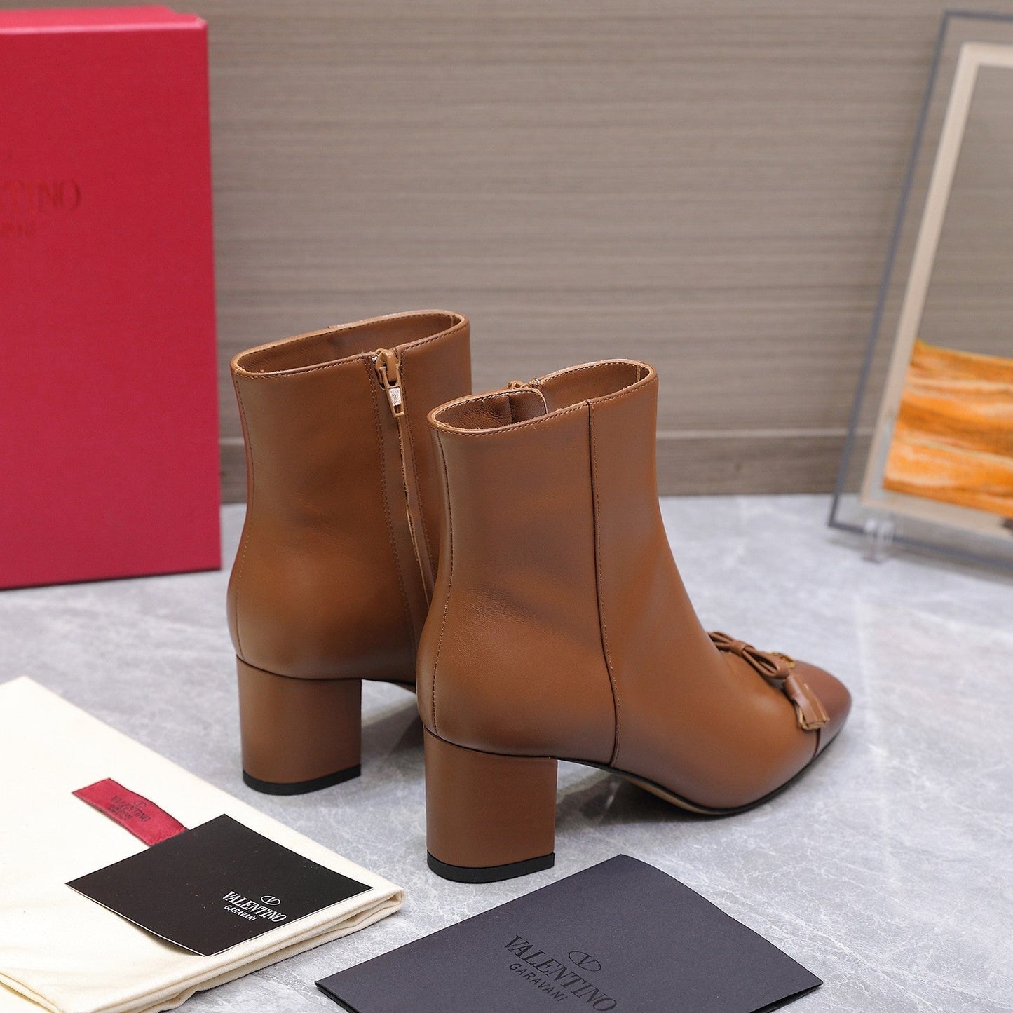 VALENTINO 25S VALET DU ROI ANKLE BOOTS 60 MM IN BROWN CALFSKIN WITH BOW - 35