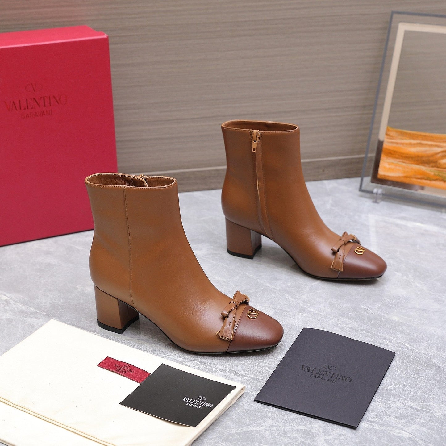 VALENTINO 25S VALET DU ROI ANKLE BOOTS 60 MM IN BROWN CALFSKIN WITH BOW - 35
