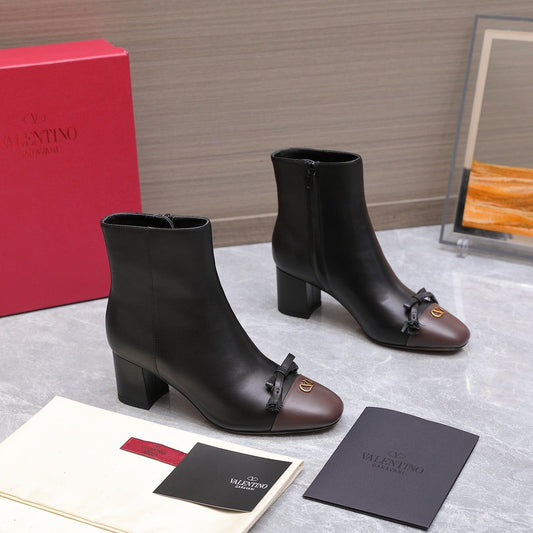 VALENTINO 25S VALET DU ROI ANKLE BOOTS 60 MM IN BLACK MIX DARK BROWN CALFSKIN WITH BOW - 35