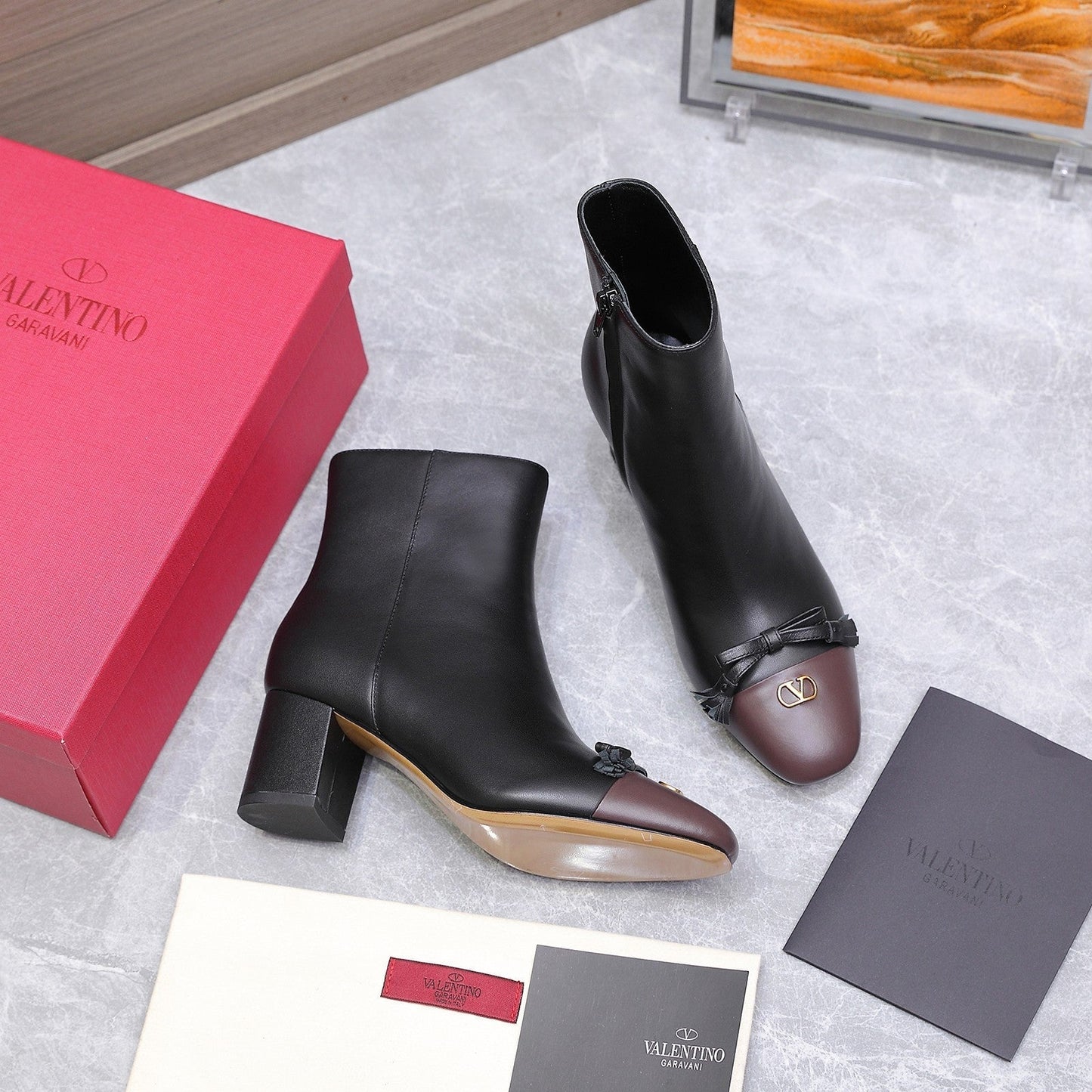 VALENTINO 25S VALET DU ROI ANKLE BOOTS 60 MM IN BLACK MIX DARK BROWN CALFSKIN WITH BOW - 35