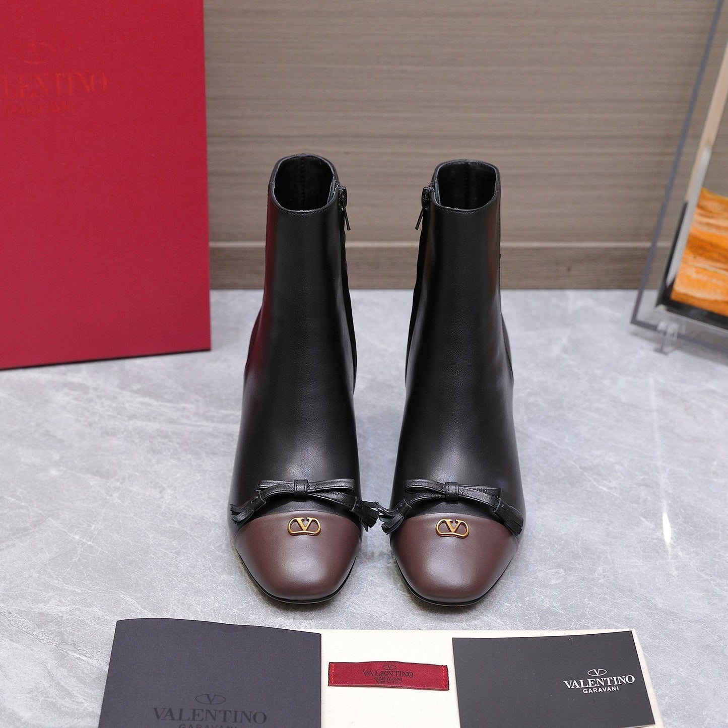 VALENTINO 25S VALET DU ROI ANKLE BOOTS 60 MM IN BLACK MIX DARK BROWN CALFSKIN WITH BOW - 35