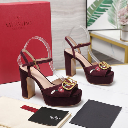 VALENTINO 25S GARAVANI VLOGO SIGNATURE HIGH-HEEL SANDALS 110 MM IN DARK RED SUEDE - 35
