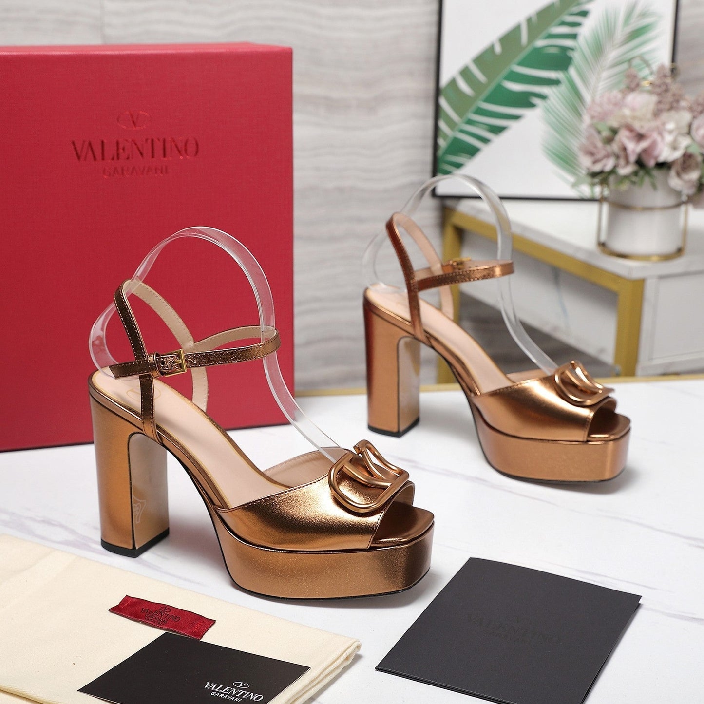VALENTINO 25S GARAVANI VLOGO SIGNATURE HIGH-HEEL SANDALS 110 MM IN METALLIC COPPER CALFSKIN - 35
