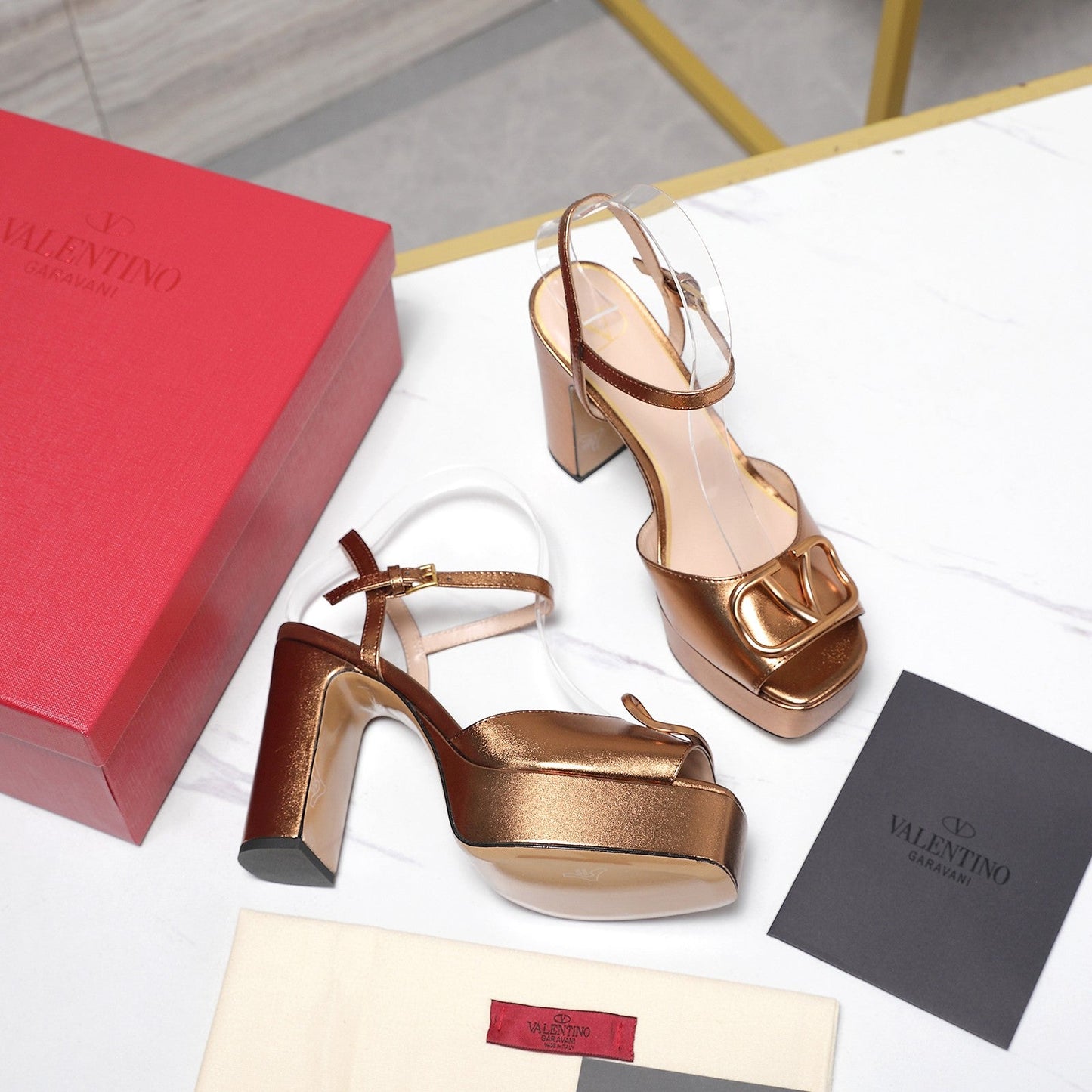 VALENTINO 25S GARAVANI VLOGO SIGNATURE HIGH-HEEL SANDALS 110 MM IN METALLIC COPPER CALFSKIN - 35