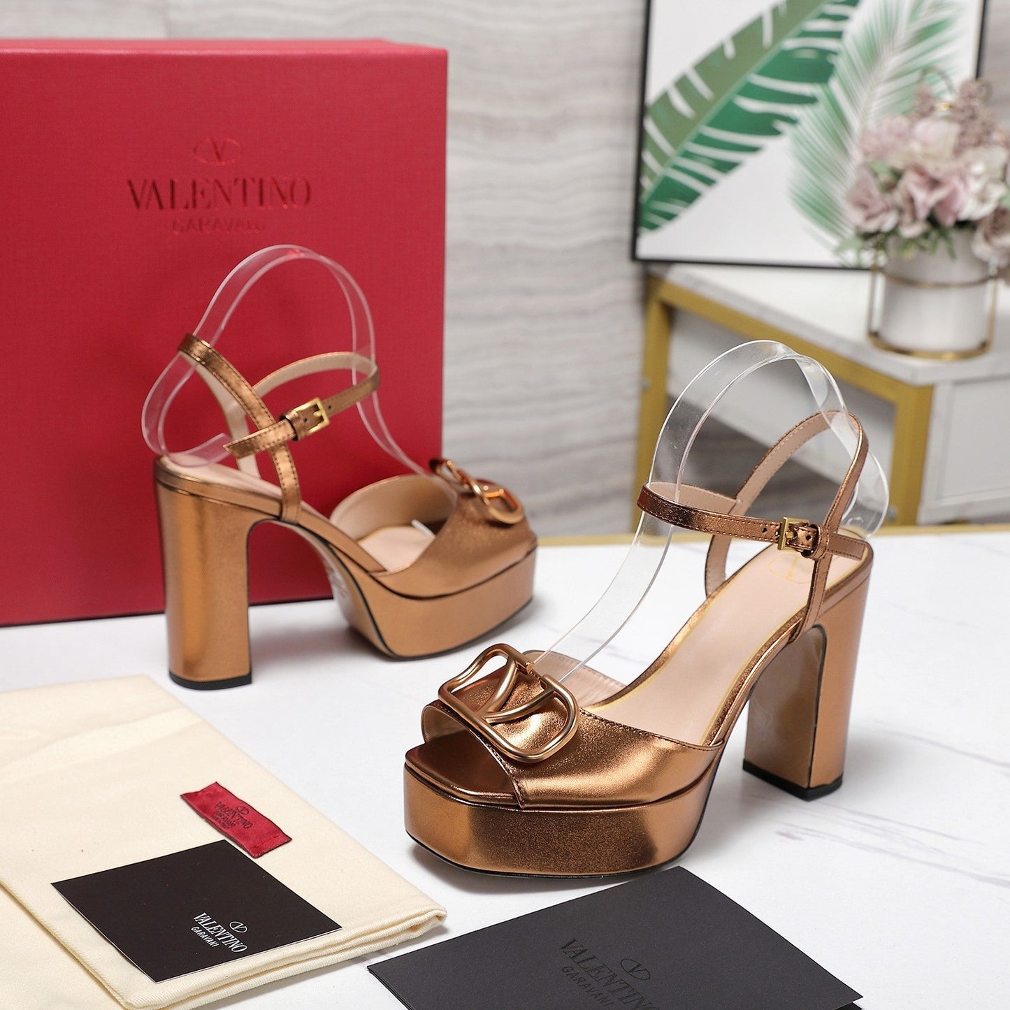 VALENTINO 25S GARAVANI VLOGO SIGNATURE HIGH-HEEL SANDALS 110 MM IN METALLIC COPPER CALFSKIN - 35