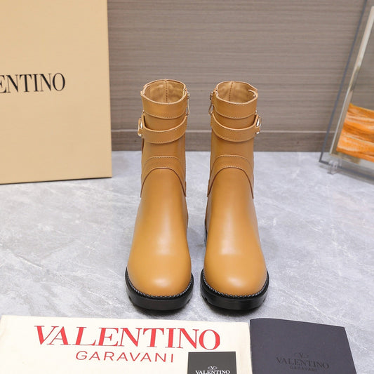 VALENTINO 25S FLAT ANKLE BOOTS IN LIGHT BROWN CALFSKIN - 34