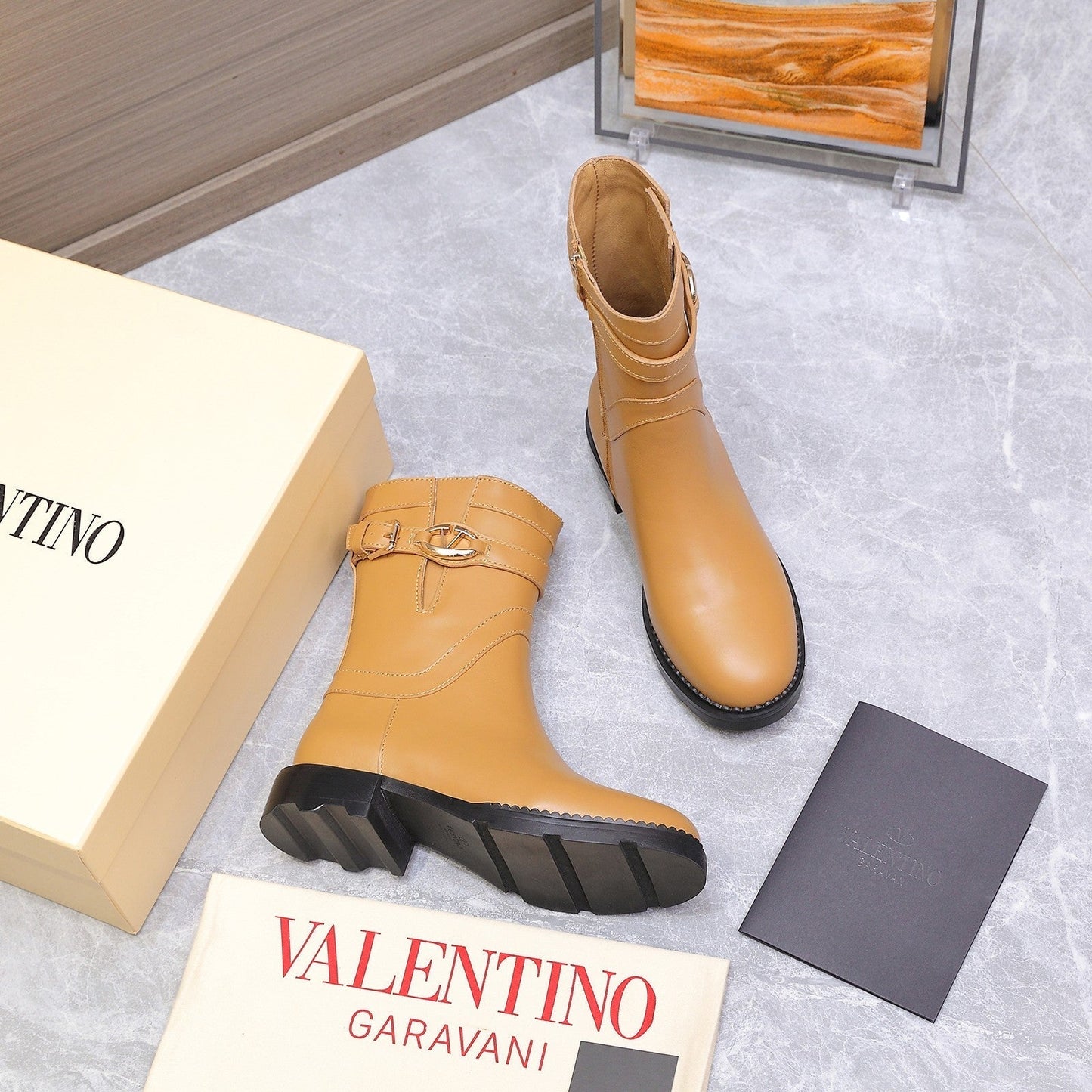 VALENTINO 25S FLAT ANKLE BOOTS IN LIGHT BROWN CALFSKIN - 34