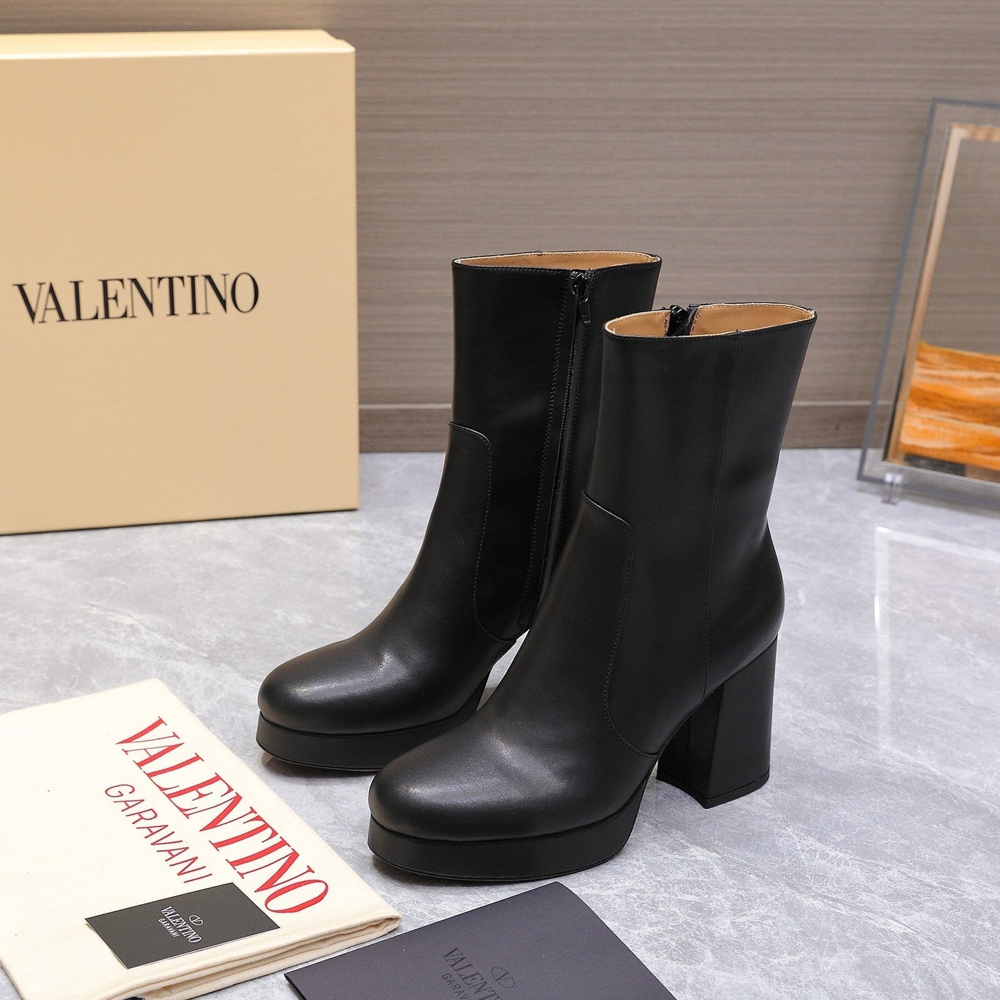 VALENTINO 25S ANKLE BOOTS WITH ZIPPER 90 MM IN BLACK CALFSKIN - 35