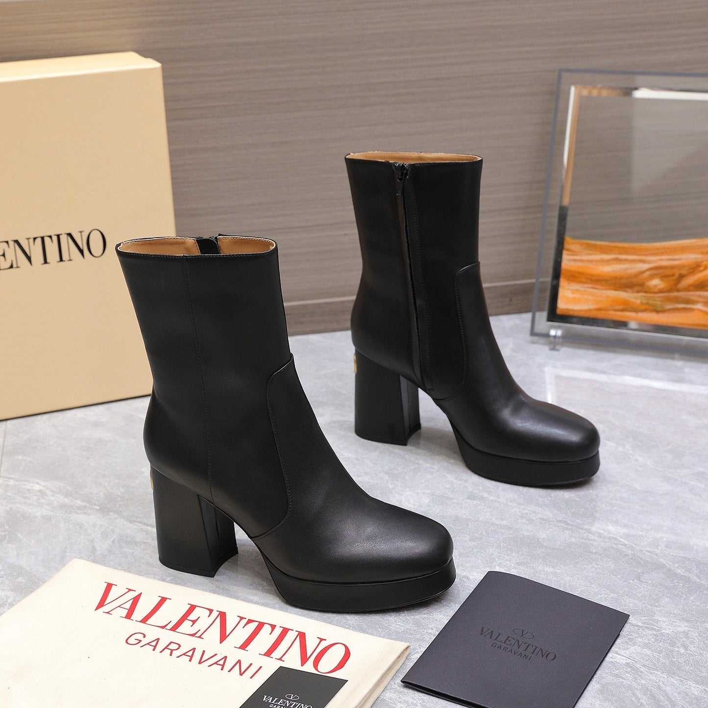 VALENTINO 25S ANKLE BOOTS WITH ZIPPER 90 MM IN BLACK CALFSKIN - 35