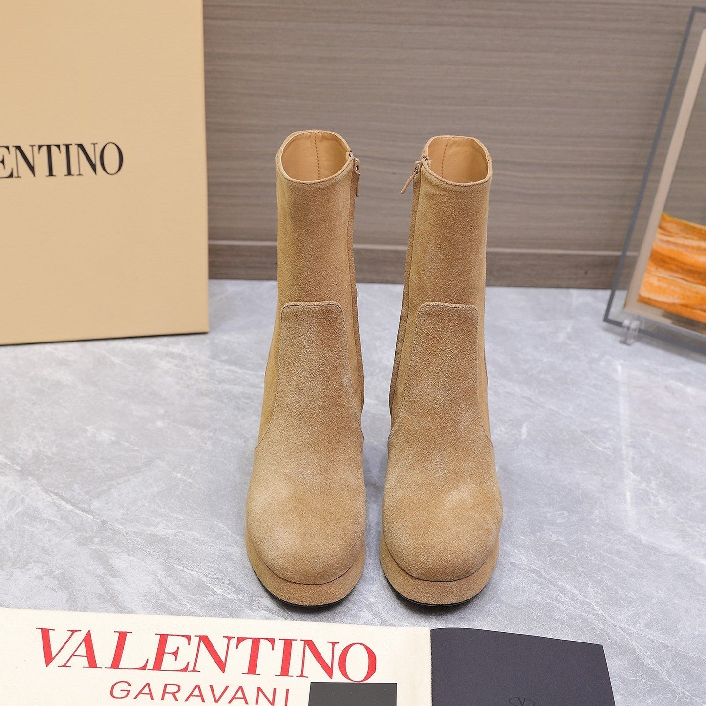 VALENTINO 25S ANKLE BOOTS WITH ZIPPER 90 MM IN LIGHT BROWN SUEDE - 35