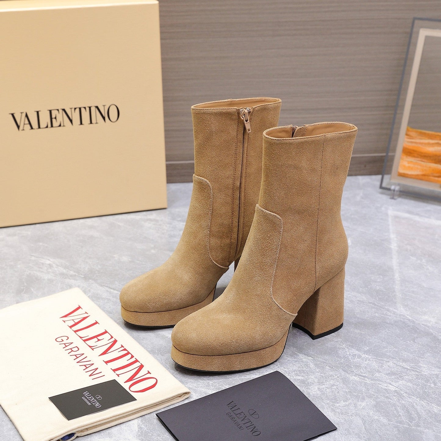 VALENTINO 25S ANKLE BOOTS WITH ZIPPER 90 MM IN LIGHT BROWN SUEDE - 35