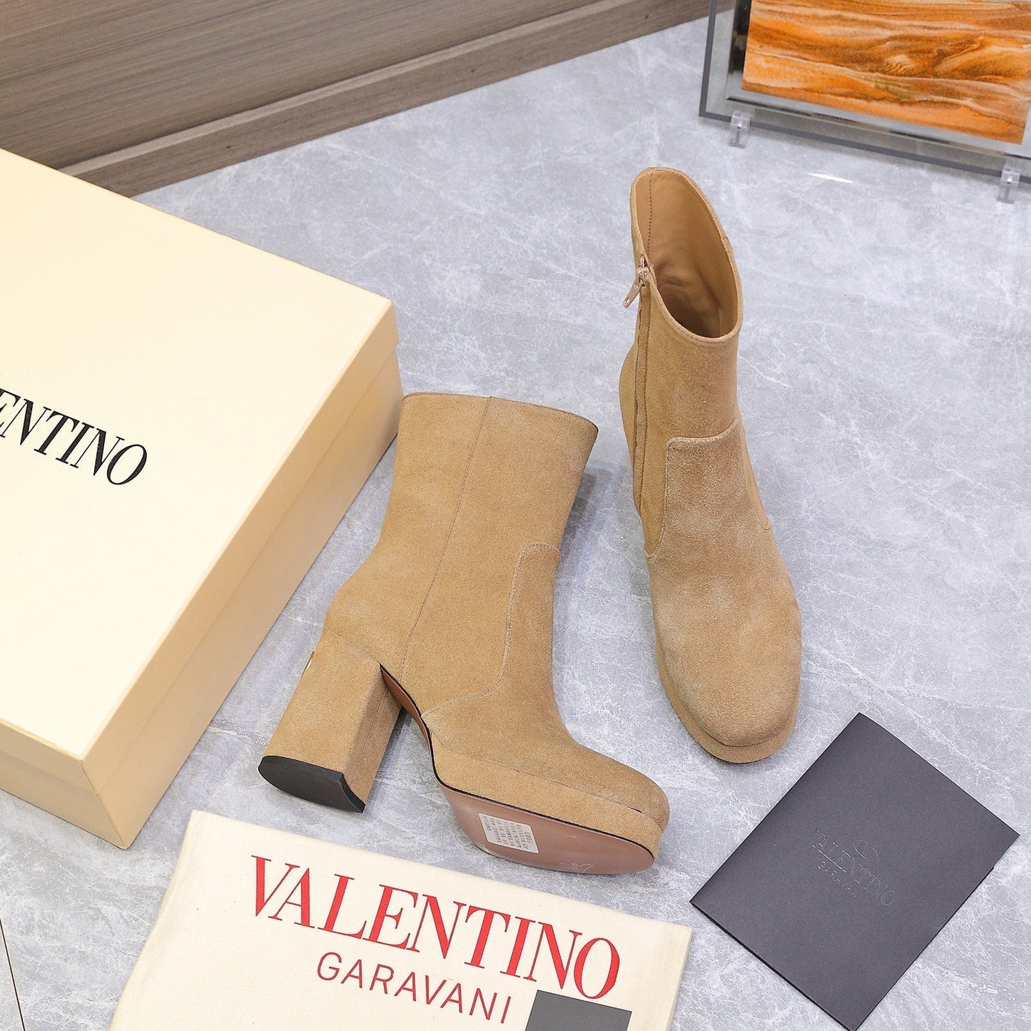 VALENTINO 25S ANKLE BOOTS WITH ZIPPER 90 MM IN LIGHT BROWN SUEDE - 35